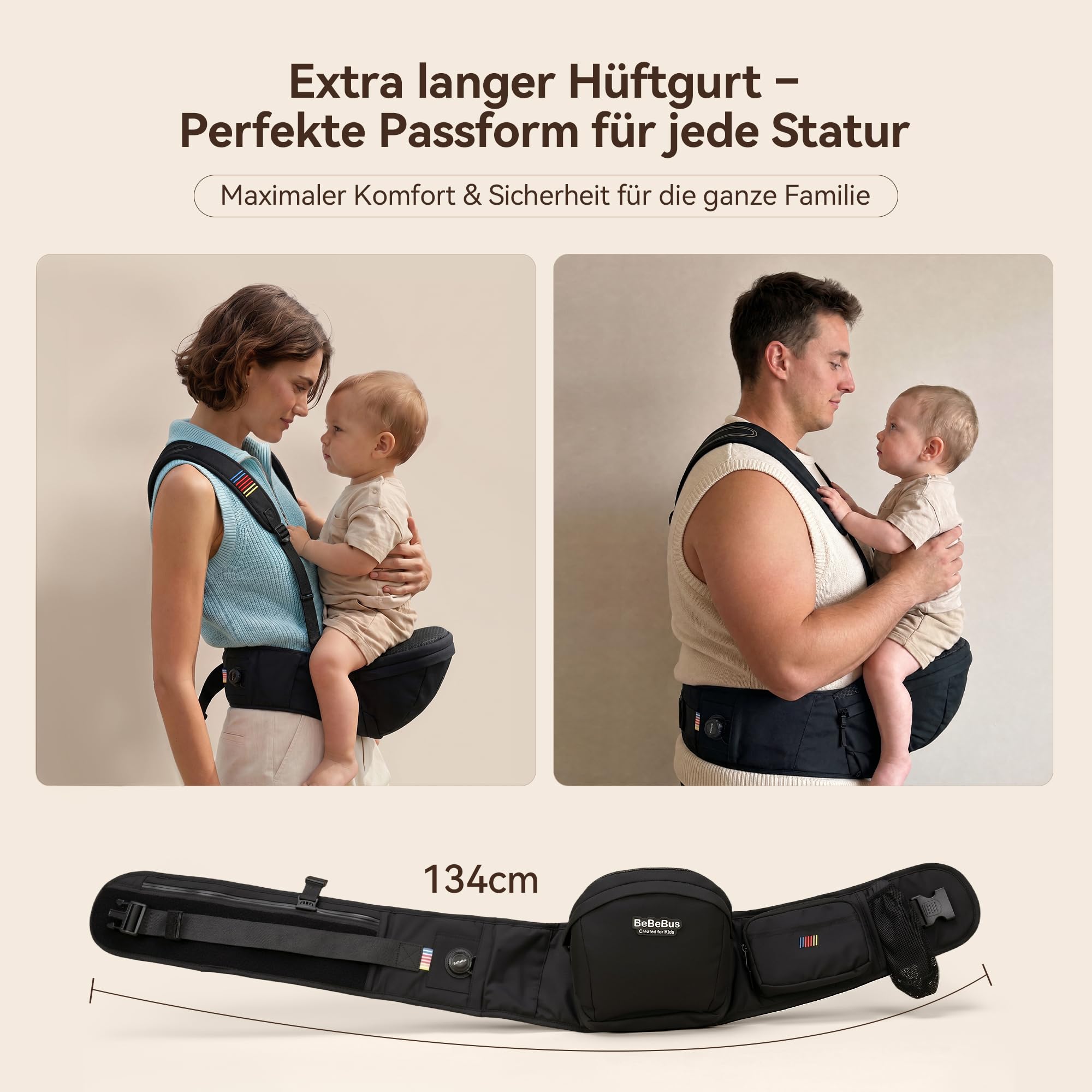 Portabebé Ergonómico con Asiento de Cadera, Mecanismo Rotativo de Bloqueo, Diseño en Y para Aliviar la Espalda, Gran Espacio de Almacenamiento, Taburete de Cintura 0-36 Meses, hasta 20 kg