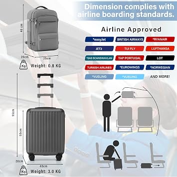 COOLIFE Cabin Suitcase 55x40x20 & Cabin Bag 40x30x20 EasyJet Ryanair PC+ABS | Hard Shell,4 Double Spinner, TSA Lock & Cabin Backpack, Durable–for Priority Boarding, Business Trips, Meetings & Long Travel