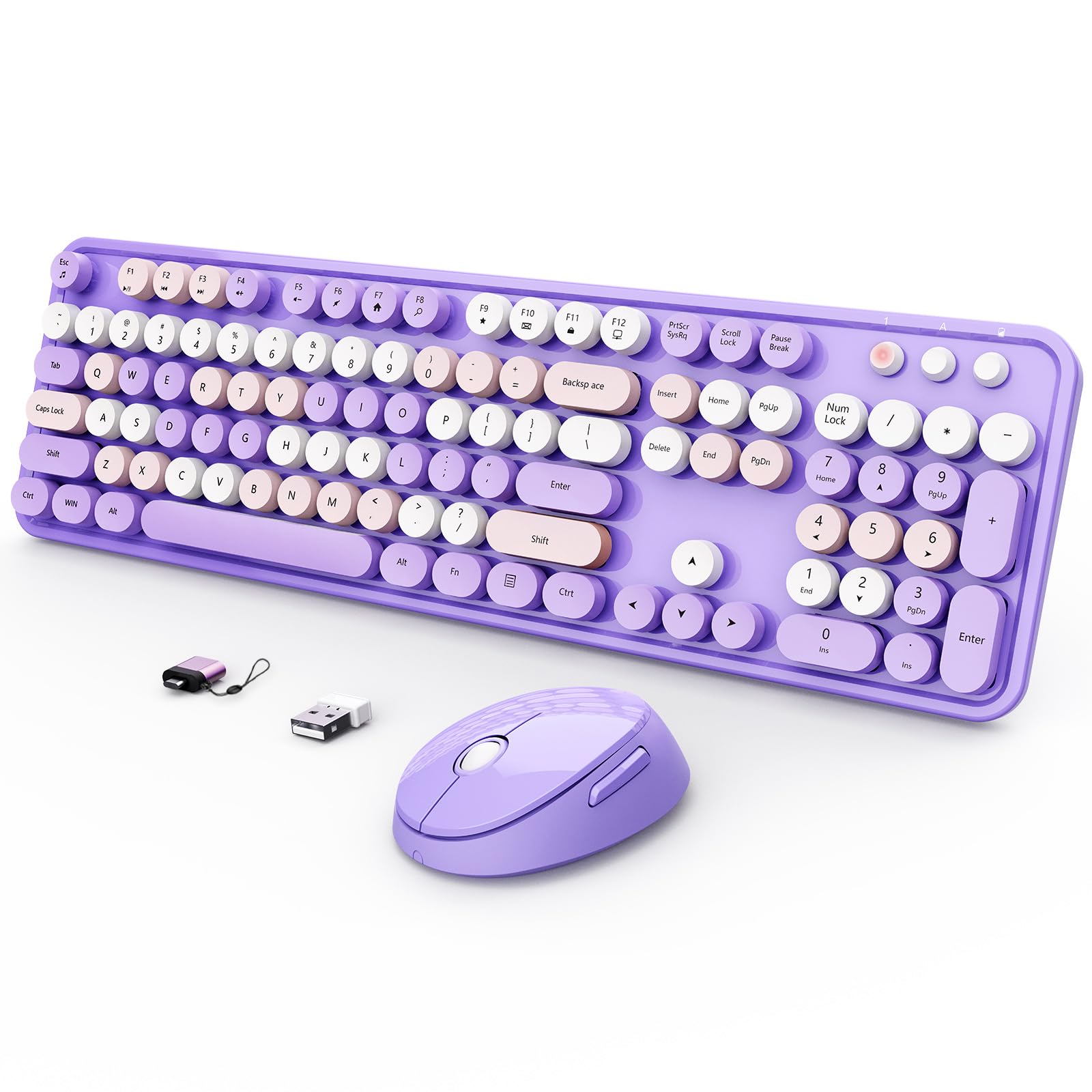 Wireless Keyboard and Mouse Combo, Ergonomic Full Size Typewriter Retro Round Keycaps Keyboard, Compatible with Windows, PC, Perfer for Home and Office Keyboards (Purple