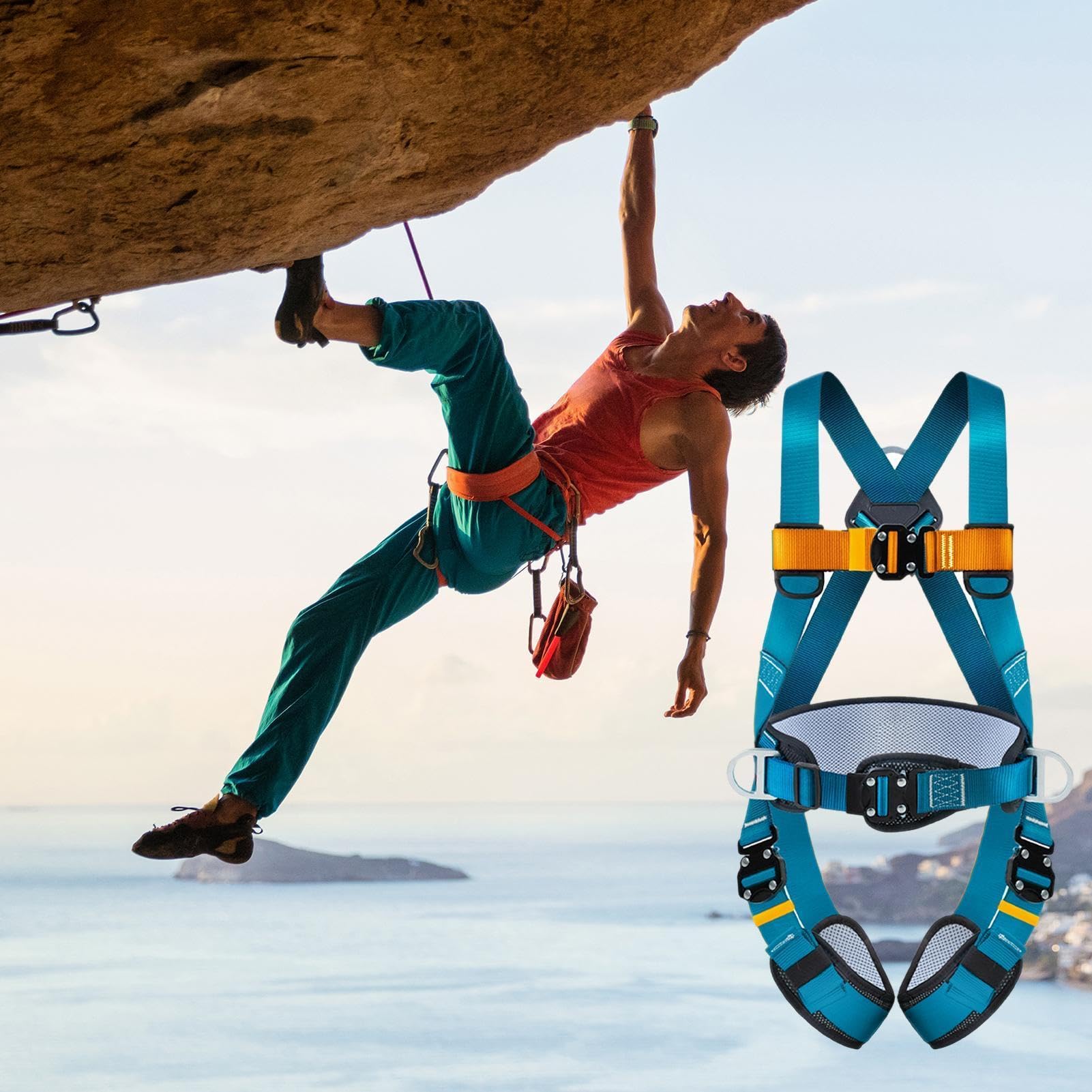 Imbracatura anticaduta: cintura di sicurezza regolabile a 5 punti, attrezzatura da arrampicata per costruzioni pesanti, comodo supporto per vita e gambe | Ideale per coperture, lavori su torri, arramp
