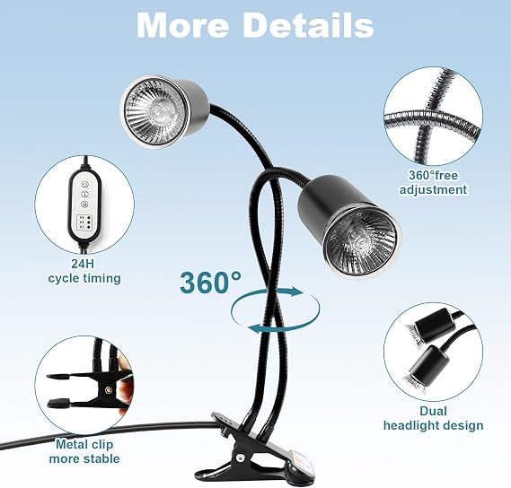 Double End Turtle Heat Lamp 25 W + 50 W Reptile Heating Lamp E27 UVA + UVB Terrarium Heat Spot Lamp with 2 Basking Spot Bulbs for Lizard Tortoise Snake Chameleon etc. (Black)