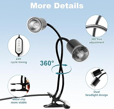 Double End Turtle Heat Lamp 25 W + 50 W Reptile Heating Lamp E27 UVA + UVB Terrarium Heat Spot Lamp with 2 Basking Spot Bulbs for Lizard Tortoise Snake Chameleon etc. (Black)