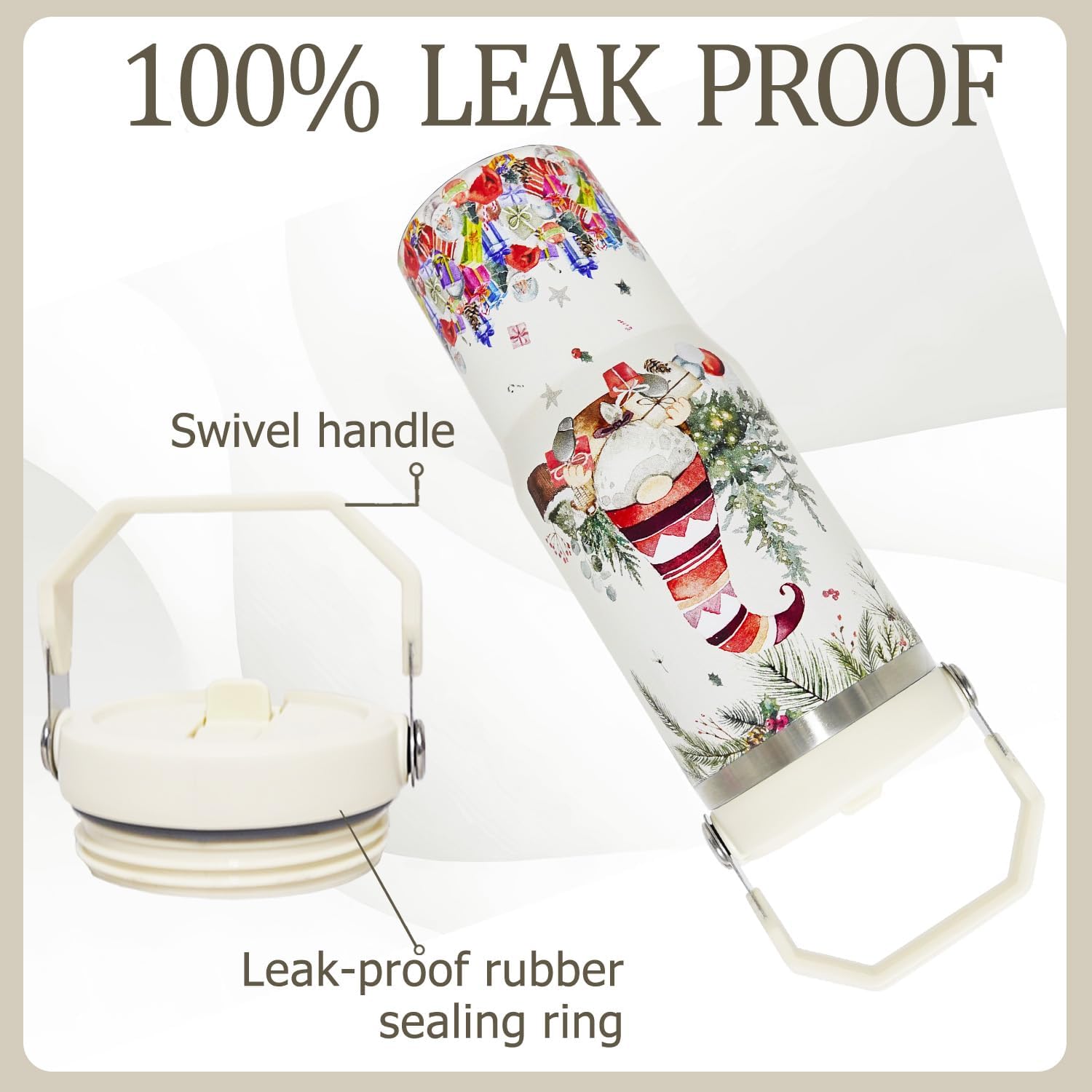 30oz Christmas Tumbler with Handle and Straw, Leak Proof Travel Gnome Coffee Mug, Reusable Stainless Steel Insulated Gnome Tumbler, Christmas Gifts for Women (beige) - Image 5