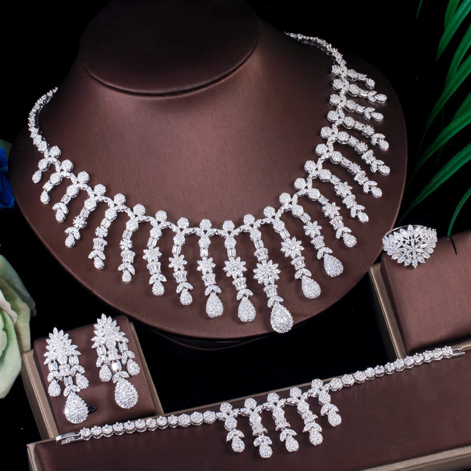 Joyería 4 Uds. Conjunto de joyería Grande de Boda para Mujer de Color Oro Blanco para Novias Ropa de Fiesta