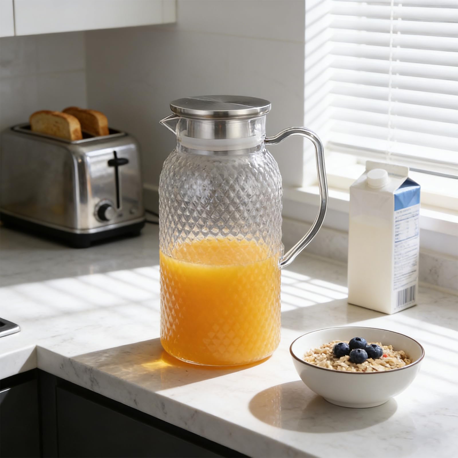 Lot de 2 pichets en acrylique de 1800 ml - Pichets à eau en plastique avec couvercle - Carafe transparente en acrylique - Pour réfrigérateur - Avec poignée - Pour boissons DIY, jus, thé