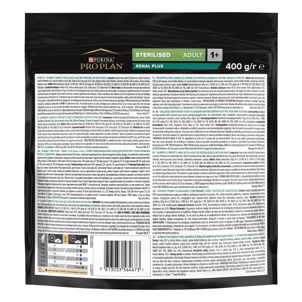 PURINA PRO PLAN | Sterilised Adult 1+ Renal Plus | Riche en Dinde | Croquettes | Chat | Sac de 400g | Lot de 8