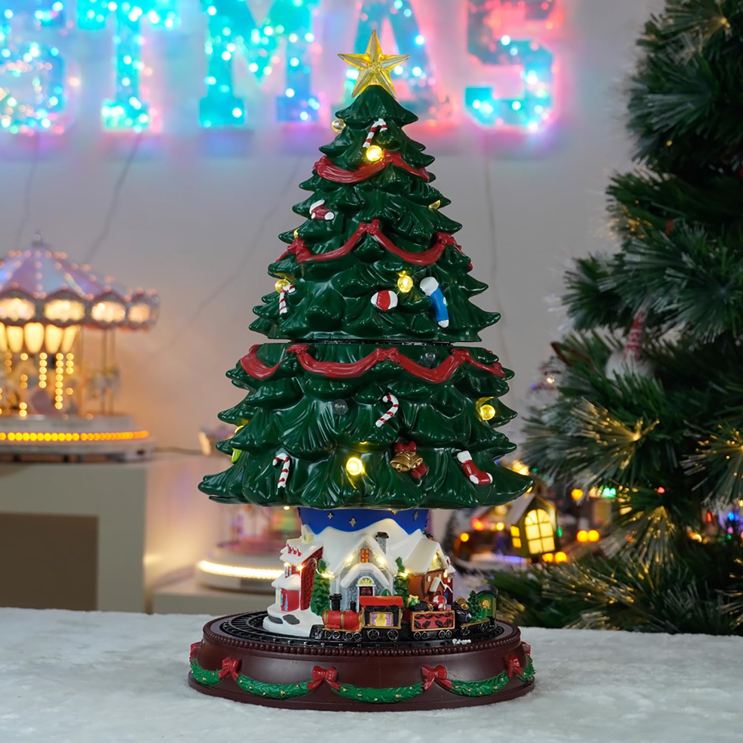Árbol De Navidad Musical Iluminado De 49 Cm De Altura, Escena De Pueblo, Árbol De Navidad Que Sube Y Baja, Escena De Tren Giratorio, Caja De Música, Decoración Festiva, Añade Encanto Al Ambiente