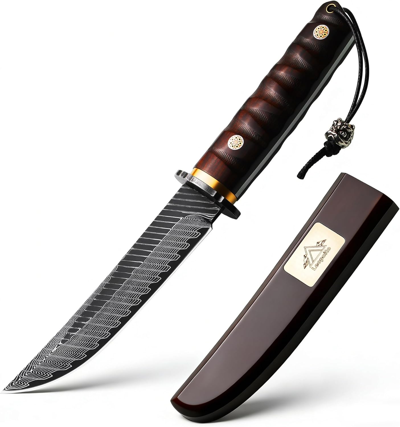 Damascus Steel Knife, 10.5" Hand Forged Blade with Ebony Wood Handle & Matching Sheath,Premium Bushcraft Craftsmanship, Gifts for Men Women