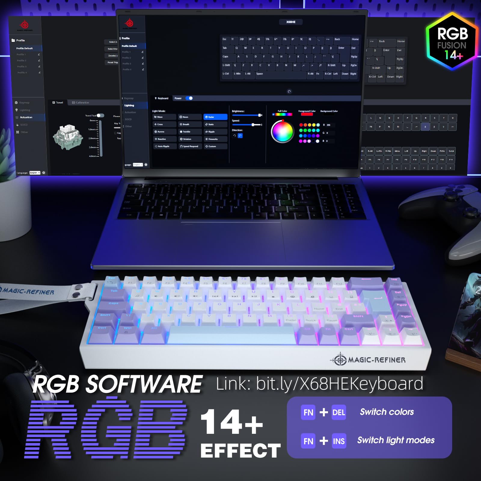 LexonElec MAGIC-REFINER X68 HE Tastiera Meccanica da Gaming Rapid Trigger 8000Hz, QWERTY Layout 60% Backlit RGB Cablata, Precisione RT di 0,04mm, Magnetic Switch, Attuazione Regolabile - Viola