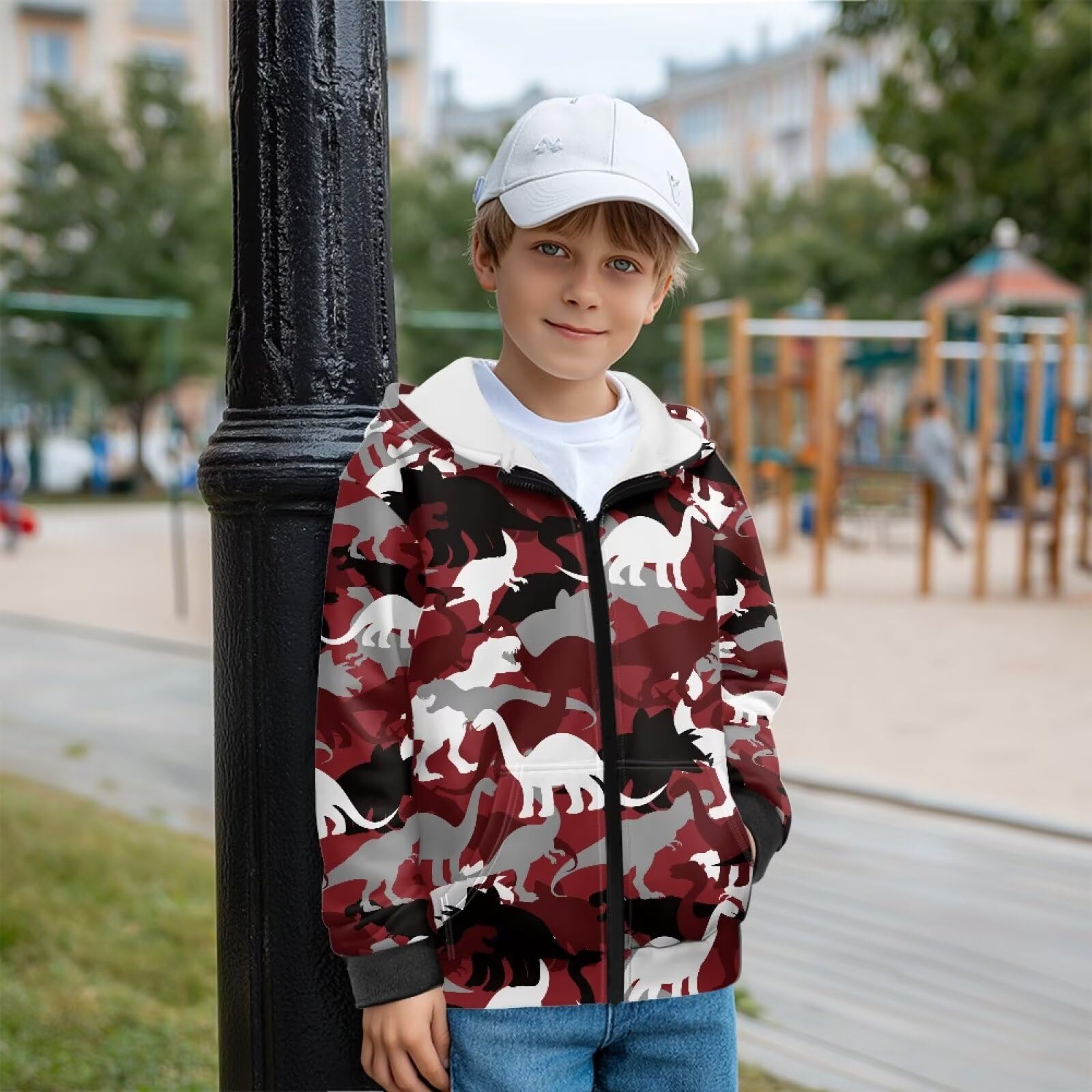 Xoenoiee Dziecięce bluzy z kapturem dla chłopców, zapinana na zamek, bluza 3D, fajna grafika zwierzęca, sweter z długim rękawem, top na jesień i zimę, Czerwone abstrakcyjne dinozaury, 12-14 Years