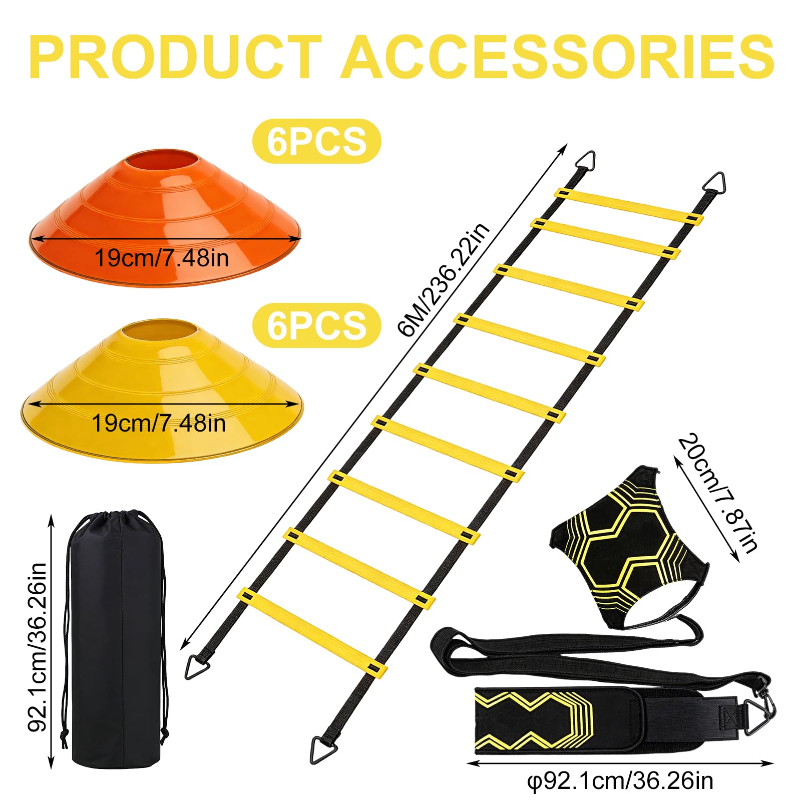 PORFOYO Kit Allenamento Calcio, Set Allenamento Calcio con Scala di Coordinamento 6m, 12 Cinesini, 1 Corda da Salto, Bande Elastiche, Accessori per L'allenamento di Calcio, Set di velocità E Agilità