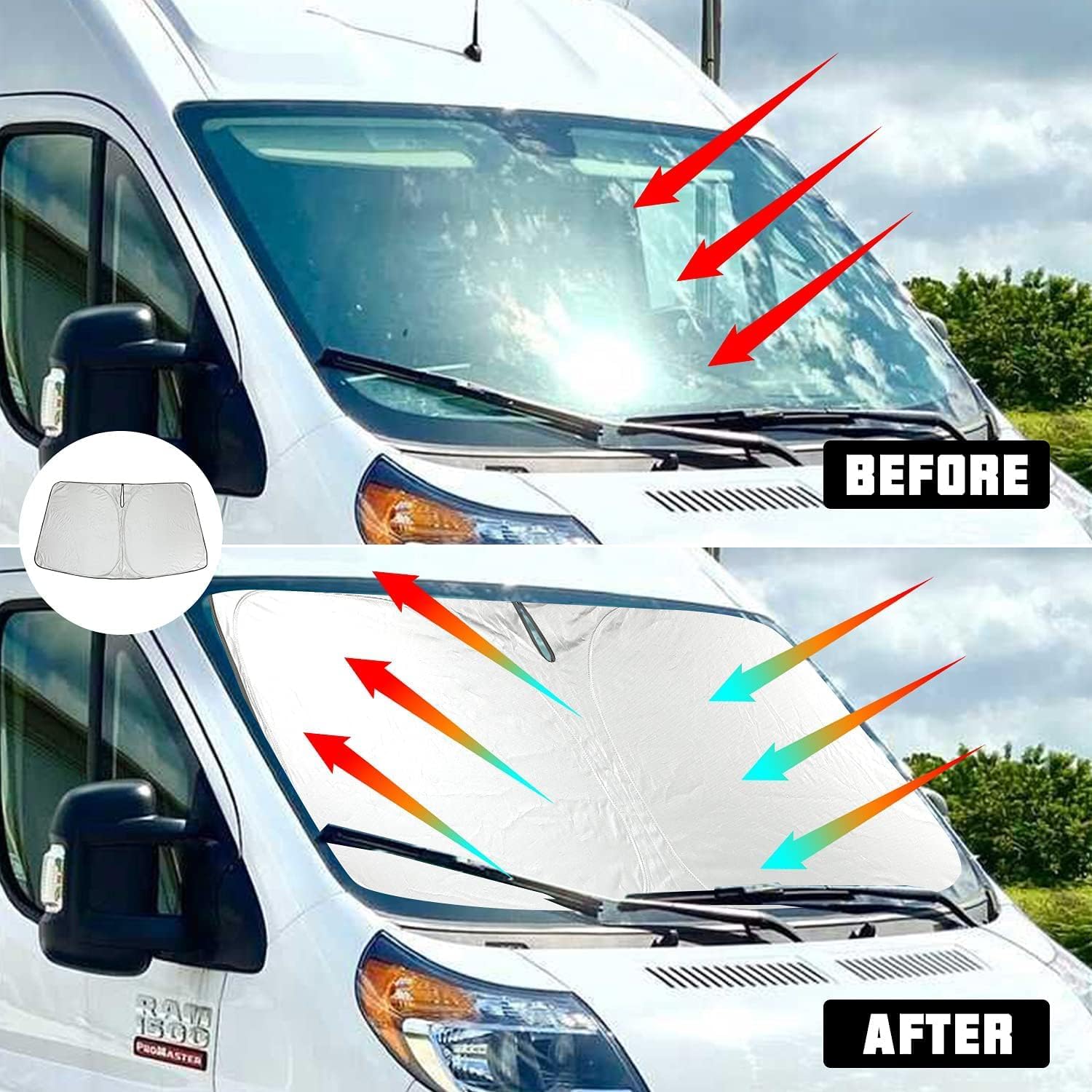 ROCCS Windshield Sunshade UV Ray Reflector for 2014-2026 Dodge RAM ProMaster Full Size Cargo Van Chassis Cab Cutaway Front Window Sun Shade Shield Cover Foldable Reflective Sun Visor