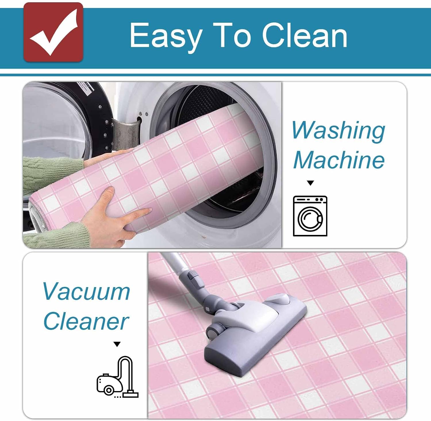 Pink White Plaid Kitchen Mat Set 2 Pieces Farmhouse Rustic Country Checkerboard Pattern Non Slip Kitchen Rugs Washable Runner Rug Mats for Floor Sink Laundry Office 19.7" x 31.5"+19.7" x 63"