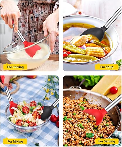 Miniatura 3 de Paquete de 2 cucharas de cocina de silicona grandes antiadherentes sólidas, resistentes al calor, utensilios de cocina para mezclar servir (negro y