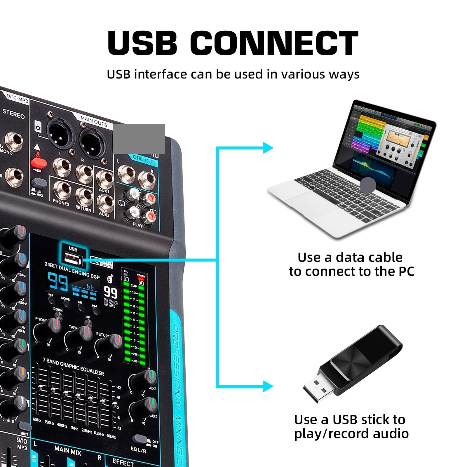 Mezclador de audio profesional DP-10, controlador DJ, mezclador de grabación de reverberación DSP 99 de 10 canales