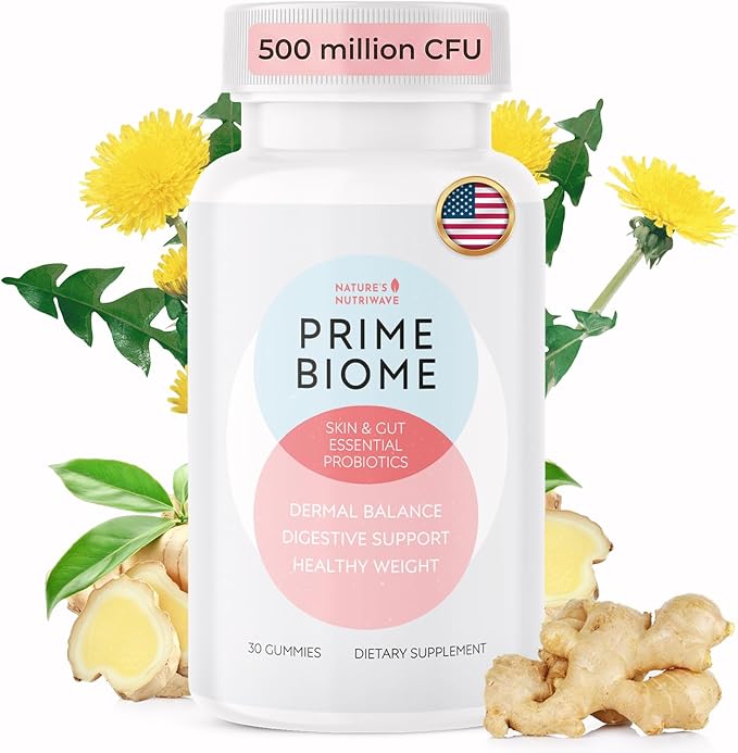 PrimeBiome Probiotic Gummies – Plant-Based Blend with Inulin, Lion’s Mane, Ginger & More– Non-GMO, No Stimulants, GMP Certified – 30 Gummies, 1 Month Supply