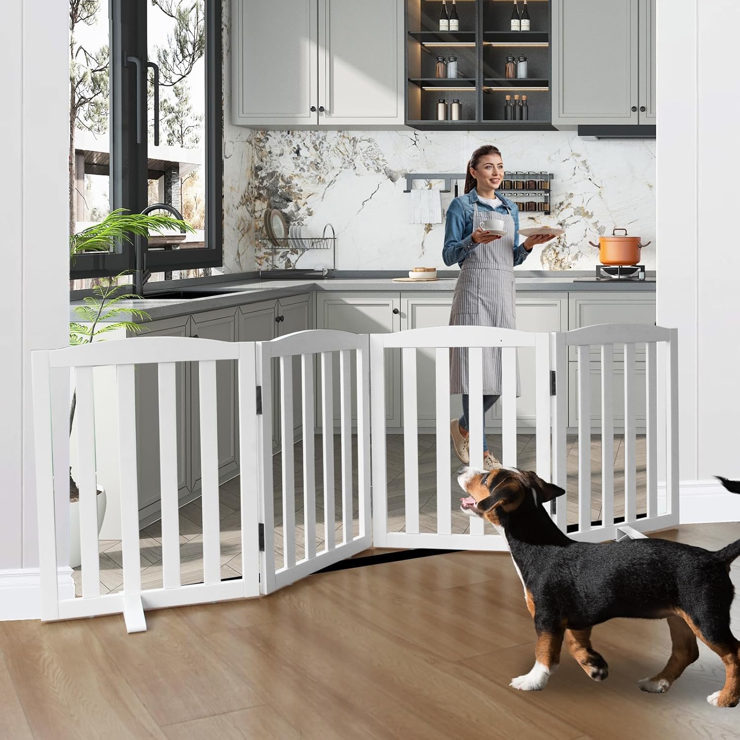 Freestanding Dog Gate | Foldable Wooden Pet Safety Gate for Dogs & Kids | Indoor Barrier with Support Feet for Stairs, Doorways, Hallways & Kitchens - 24" (White, 4 Panel)-image-26