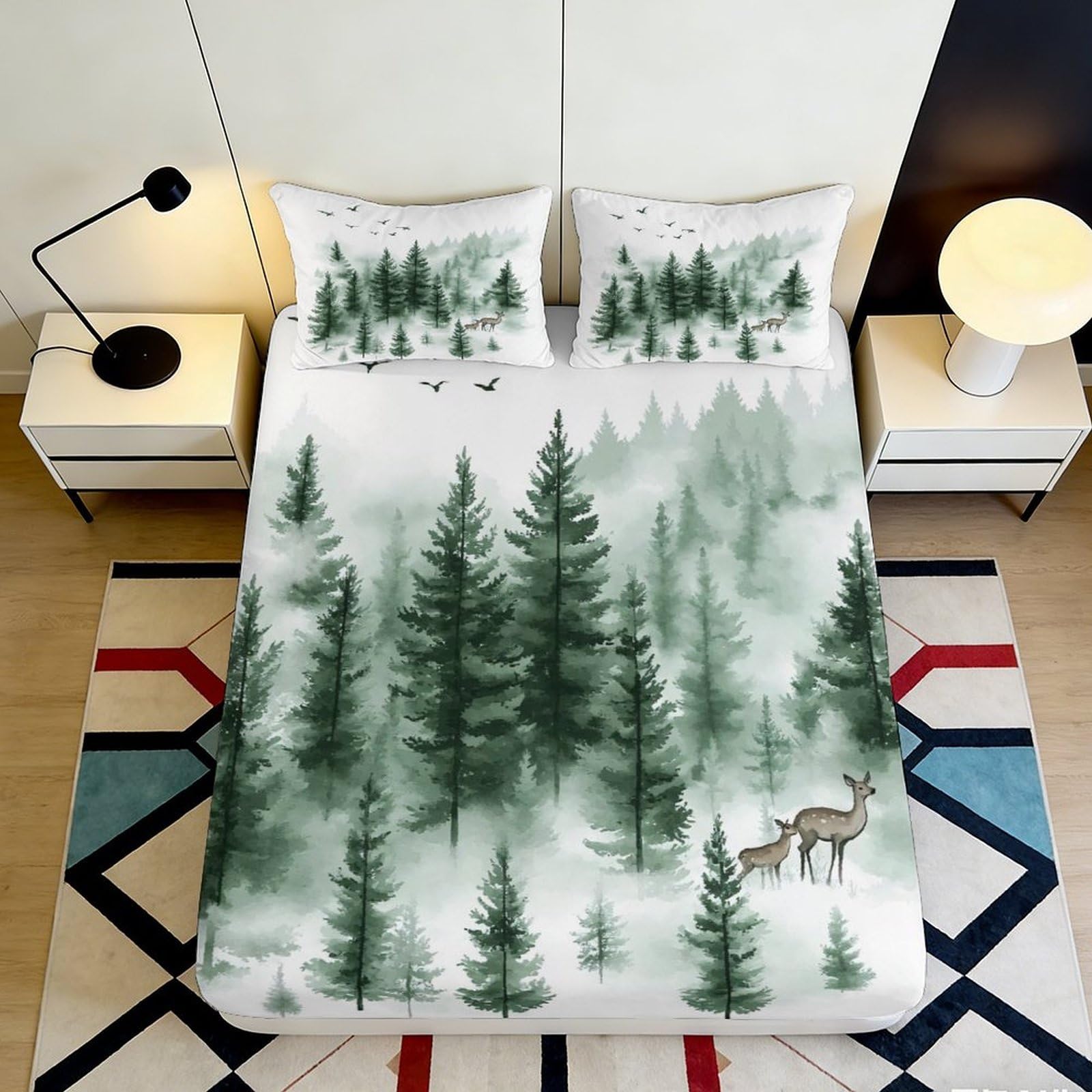 Jqzkxnhpbr Style-2 3D Printed Pine Forest Fitted Sheet Microfiber Soft Breathable Woodland Deer Mattress Cover For Bedroom Dorm Decor 90X200x25cm