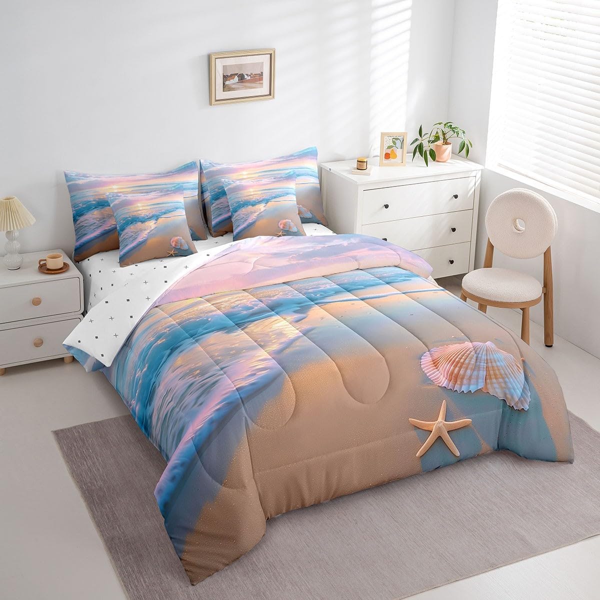 jejeloiu Beach Theme Comforter Set with Sheets Queen Size 7 Pieces Kids Summer Sea Ocean Sunset Bedding Set for Boys Girls Wave Coastal Starfish Seashell Natural Scenery Bed in a Bag Room Decor