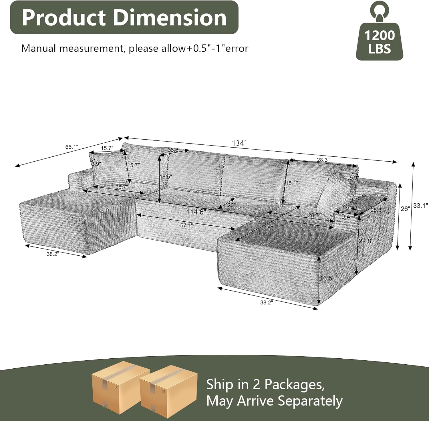 134" Oversized Modular Sectional Sofa, Comfy Corduroy U Shaped Boneless Couch with Cup Holders & Storage Pockets, Deep Seat Cloud Sectional Couches for Living Room No Assembly, Light Grey