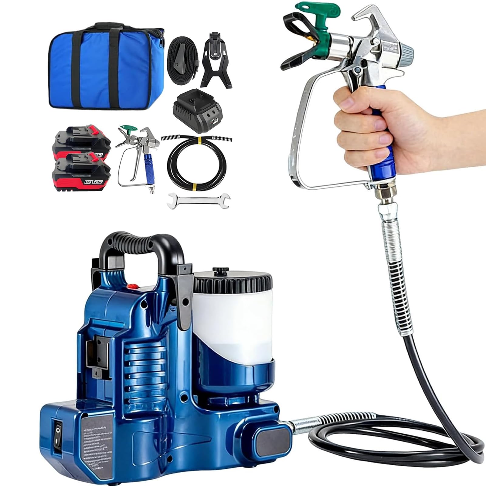 Pistola Airless Professionale a Batteria, Verniciatore a Spruzzo con Tubo 1,8m, Pistola Vernice a Spruzzo Elettrica 6 velocità, Spruzzatore Airless per Vernice per Pareti e Mobili