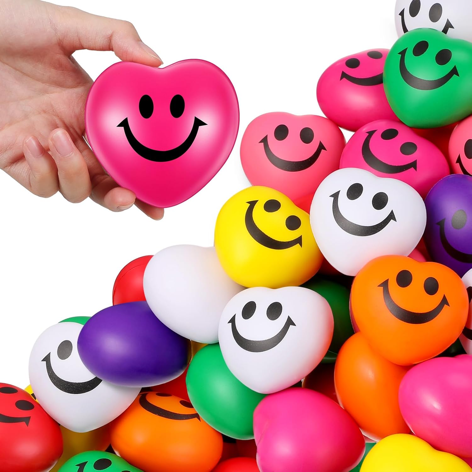 Zubebe 36 Pcs Valentine's Day Heart Stress Balls 2.76'' Multicolor Heart Shaped Smile Face Squeeze Stress Relief Balls Easter Relieve Toys for Adults Party Favors School Reward