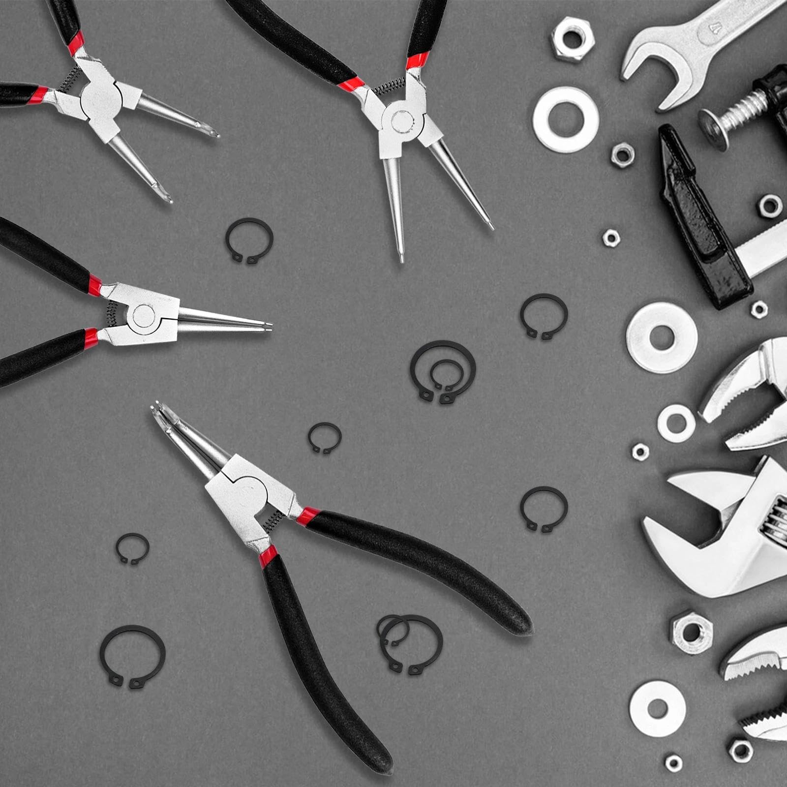 4 piezas alicates circlip Interiores, alicates circlip Externos, Rectas con mango aislado, Curvas con Bolsa de Almacenamiento para Anillos de Retencion