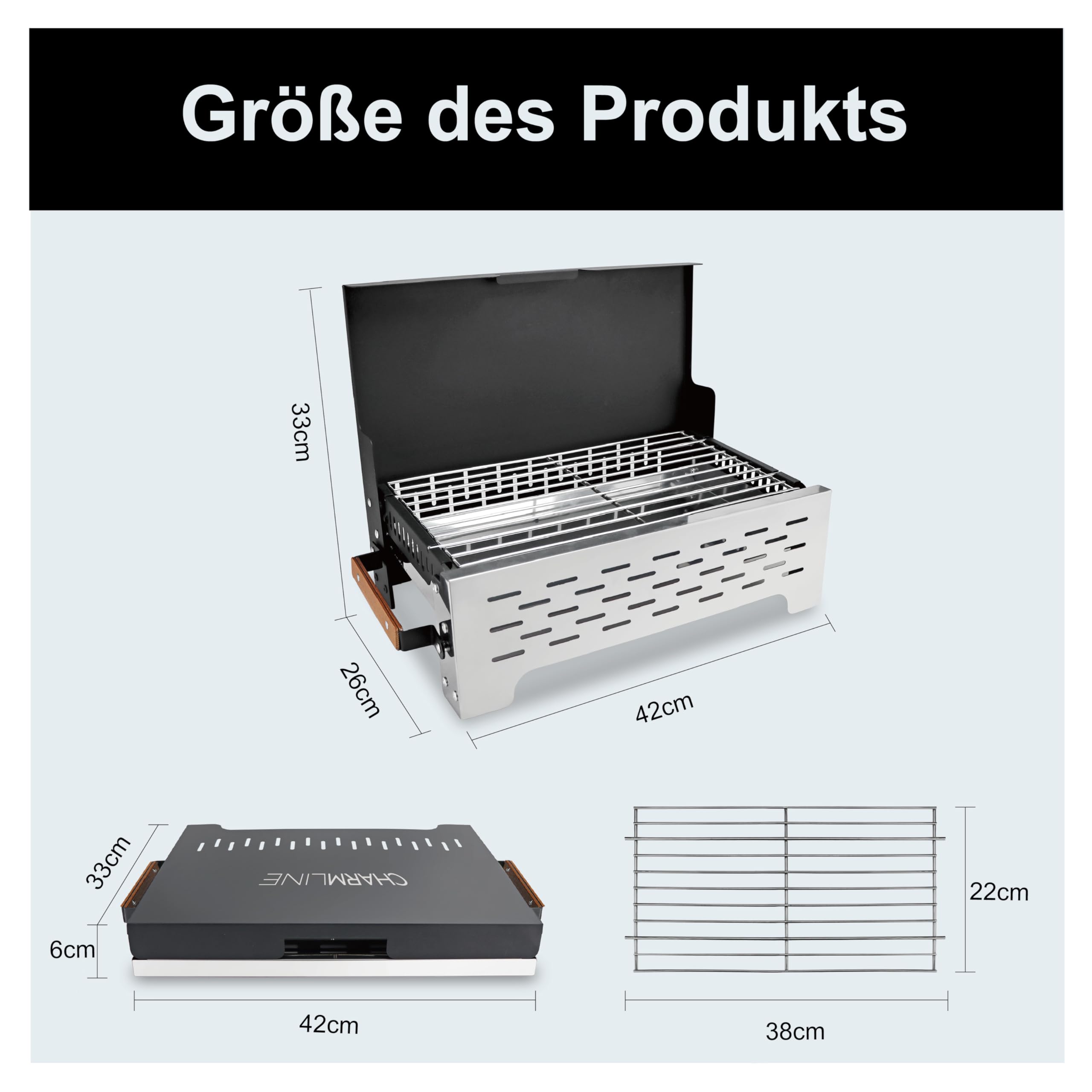 Charmline 42x33cm Foldable Portable Holzkohlegrill, Kompakte Tragbare Grill für Den Außenbereich, BBQ Grill für Camping, Picknicks, Gärten und Strand Parteien, Schwarz