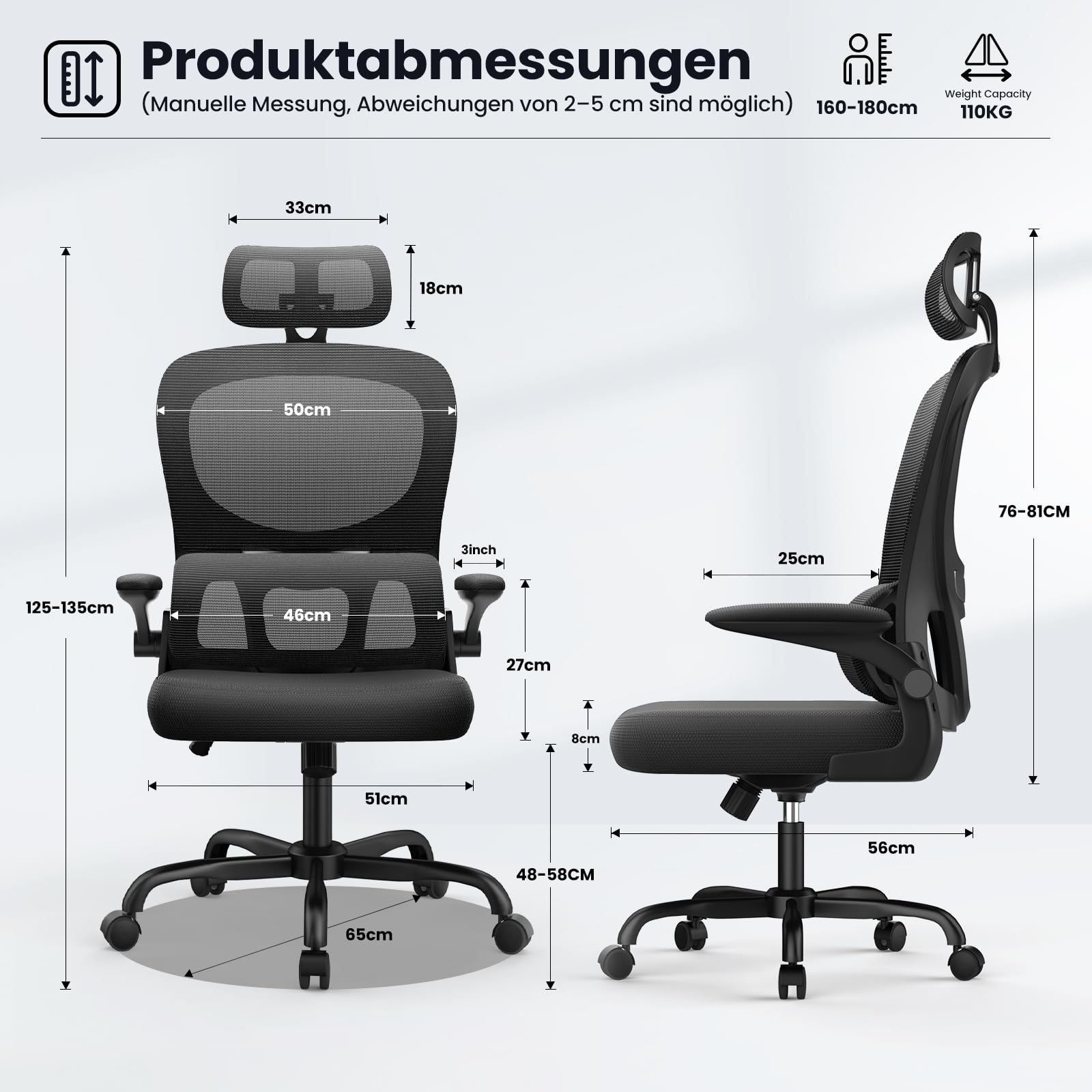 rattantree Ergonomischer Bürostuhl, Schreibtischstuhl mit Verstellbarer Kopfstütze und Armlehnen, C-förmige Lordosenstütze, Drehstuhl mit Rollen für das Home Office, Schwarz