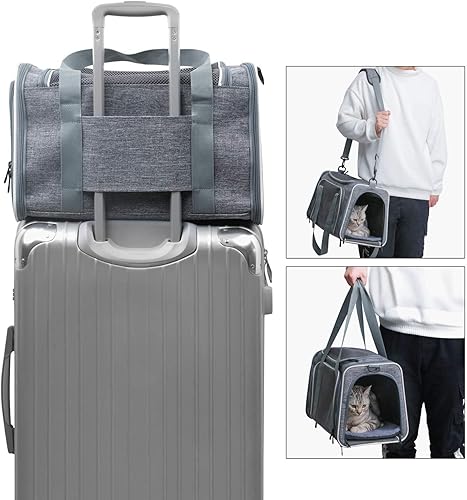 Vista 30 de X-zone Pet - Transportador de mascotas aprobado por aerolíneas, suave cara, plegable, transportador de viaje para mascotas y gatos medianos, M, Azul