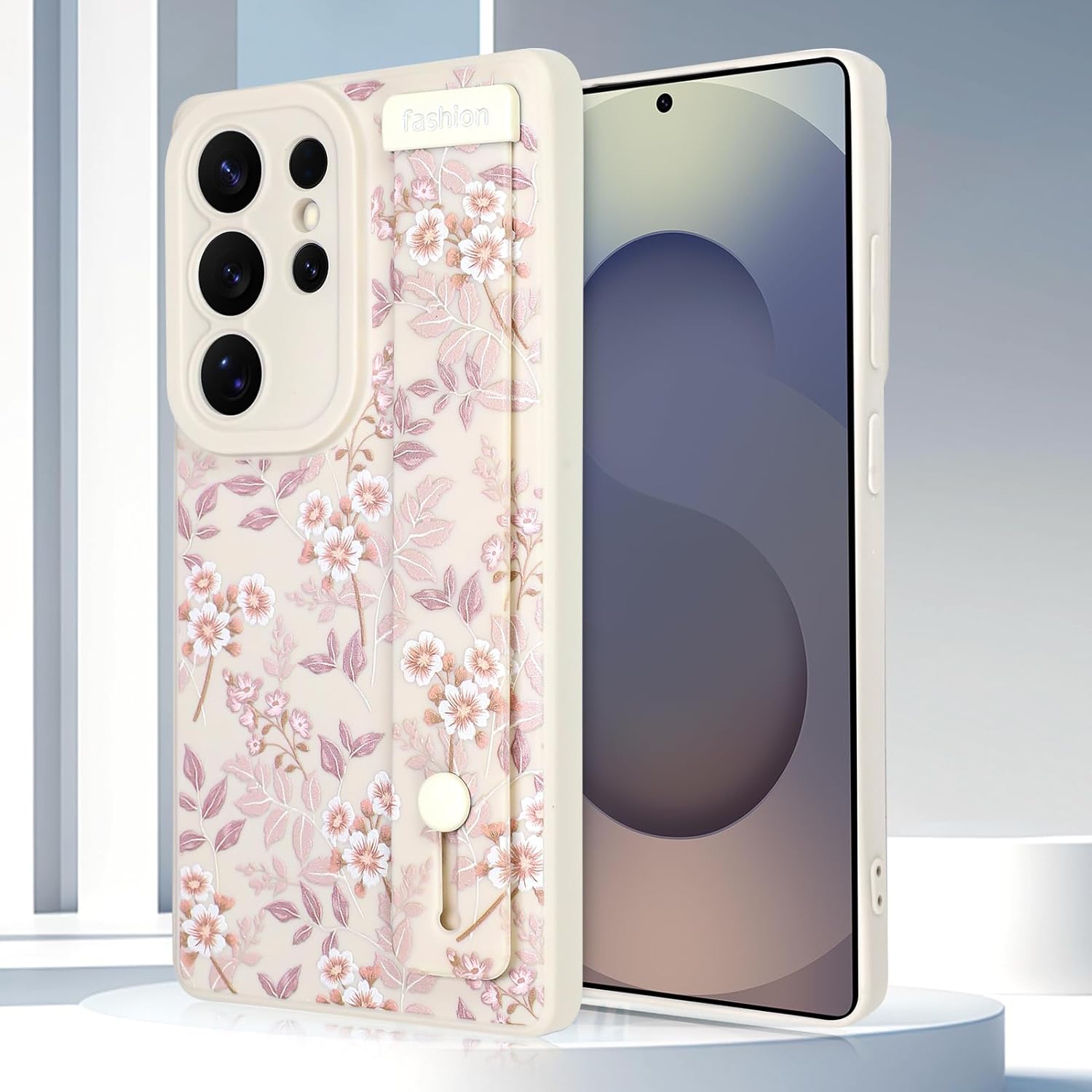 Compatible with Samsung Galaxy S25 Ultra Case for Women Men, Cute Flower Floral Pattern, Built in Adjustable Metal Wrist Strap Grip Hand Holder Kickstand Soft Silicone Cover, White - Image 5