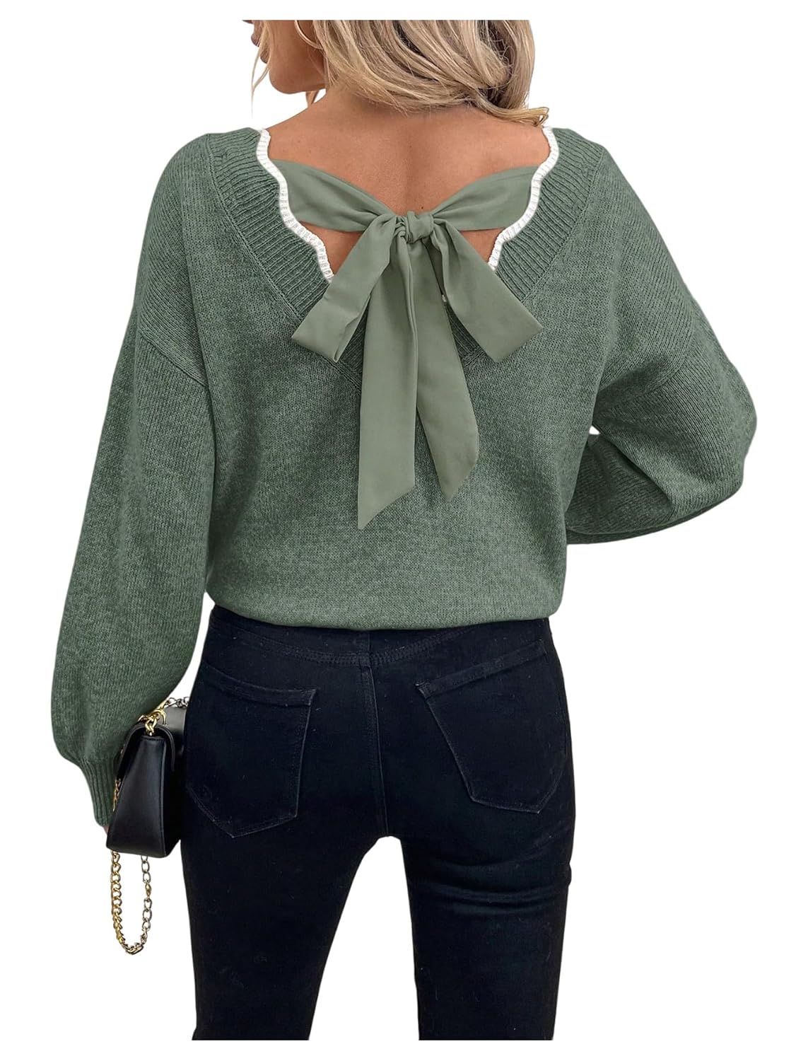 MakeMeChic Womens Bow Fall Sweater Tie Backless Scallop Trim Knitted Pullovers Tops