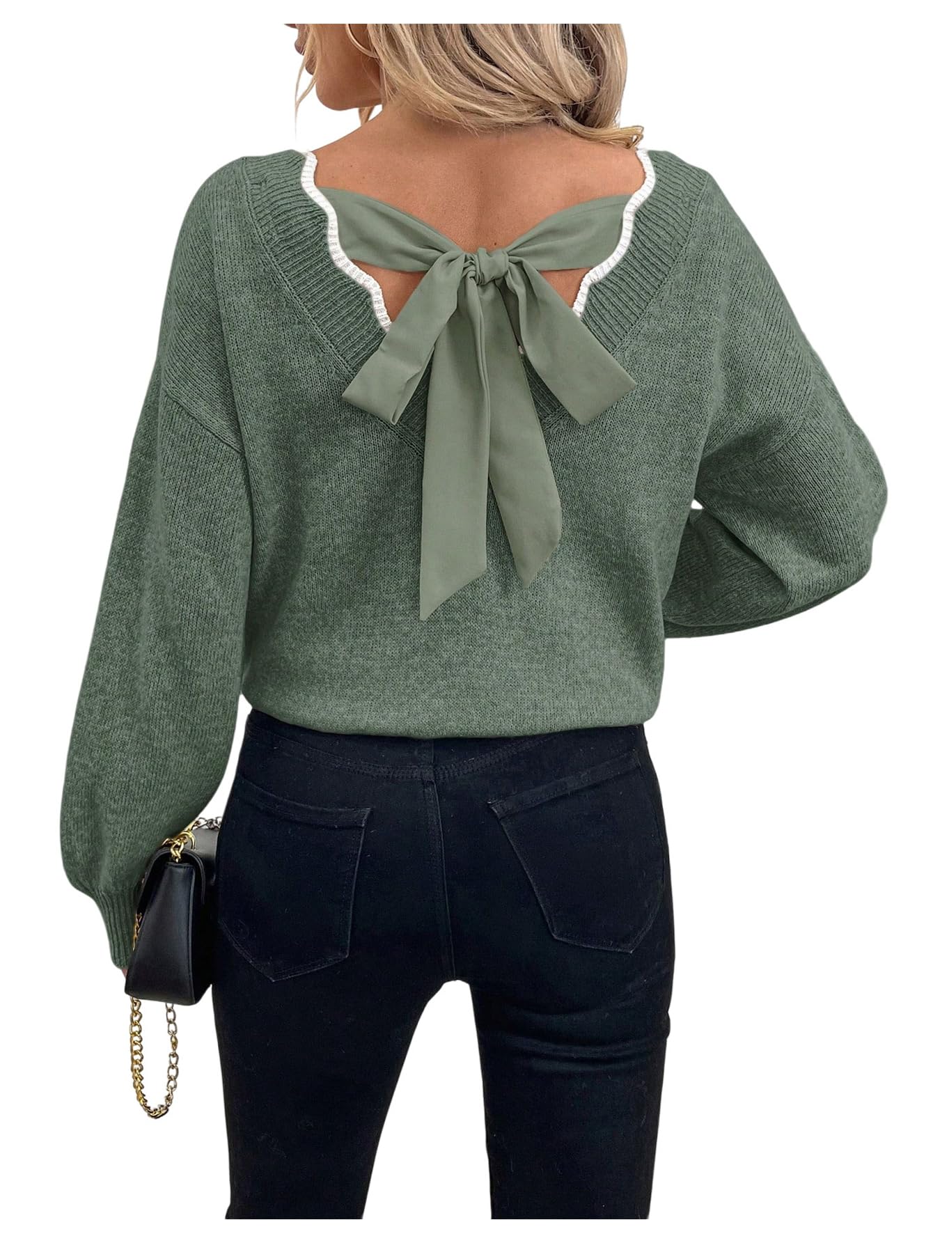 MakeMeChic Womens Bow Fall Sweater Tie Backless Scallop Trim Knitted Pullovers Tops