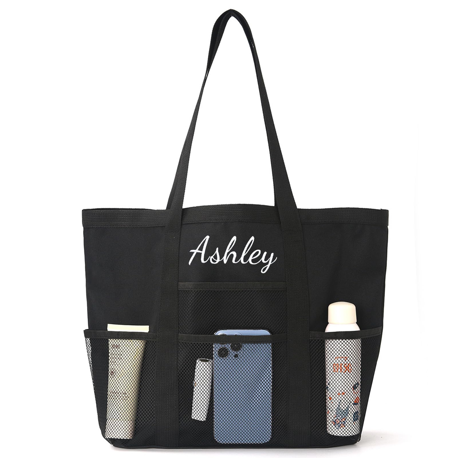 DJAFS Personalized Beach Bag Embroidered Name,Custom Mesh Tote Bag for Women, Foldable Shoulder Bag for Swimming Pools Travel
