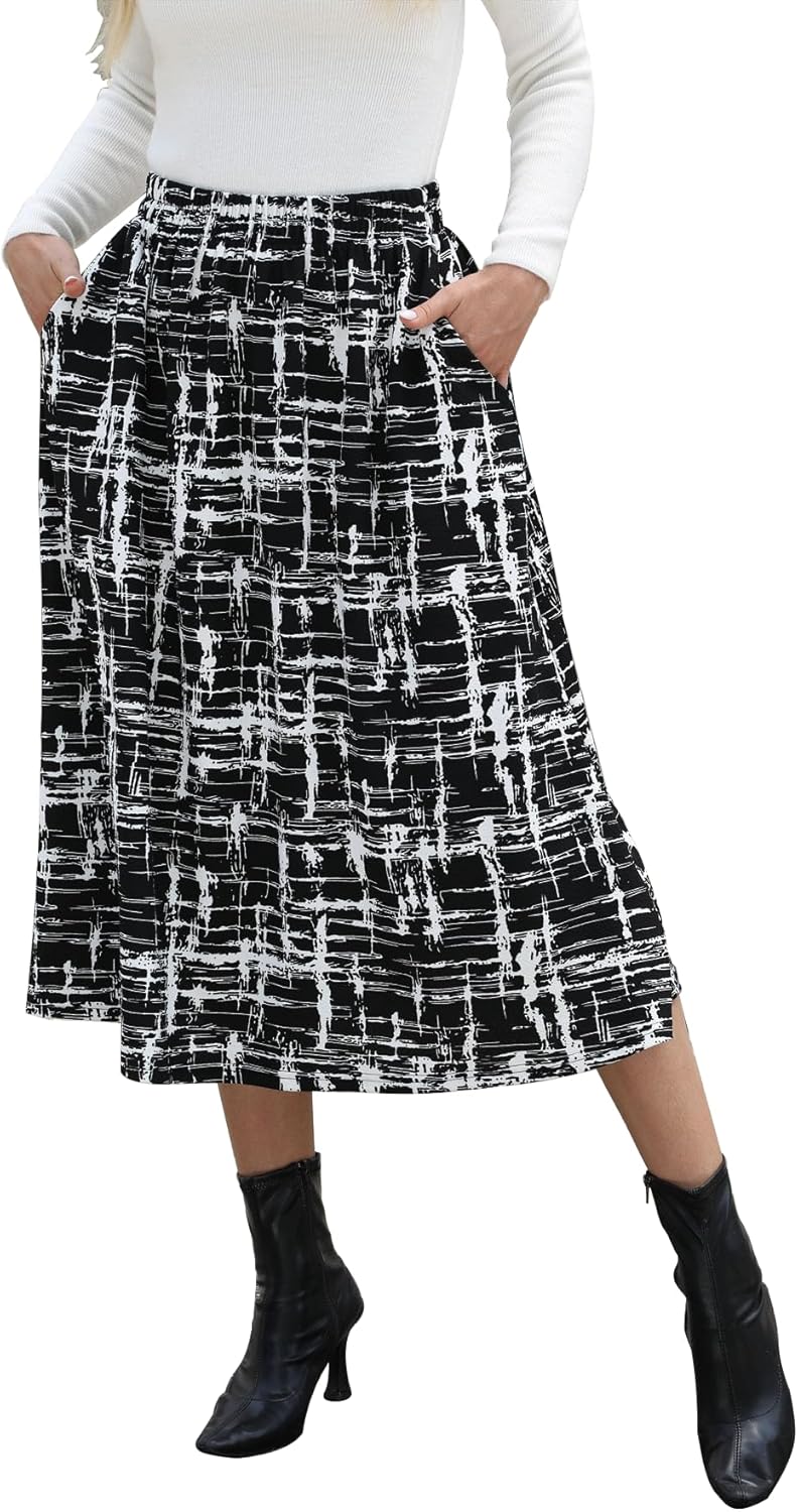 Skirts for Women Vintage Trendy Elastic High Waisted Casual Work Flowy Swing A Line Fall Skirt with Pockets