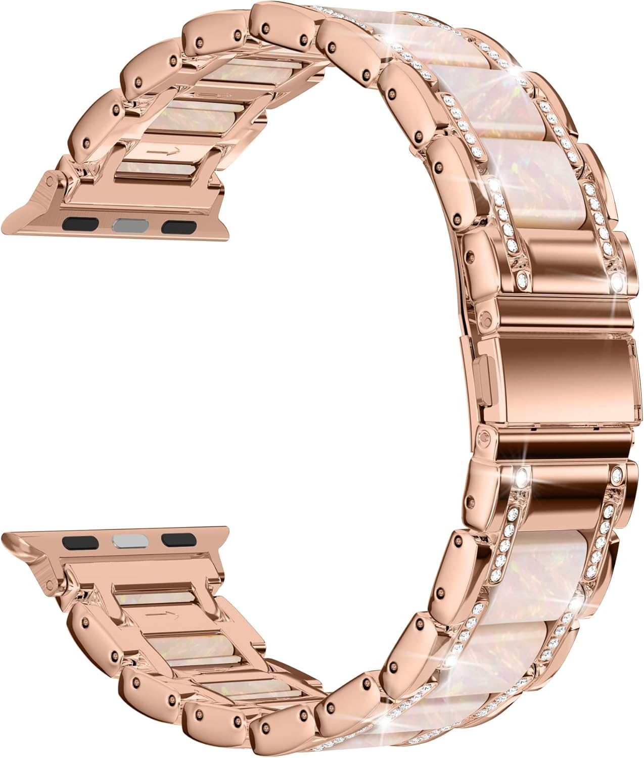 Moolia Metal Band Compatible with Apple Watch Band 38/40/41/42mm Women Rhinestones Resin Wristband Bling Diamond Bracelet for iWatch Series 11 10 9 8 7 6 5 4 3 2 1, Rose Gold/Pearl