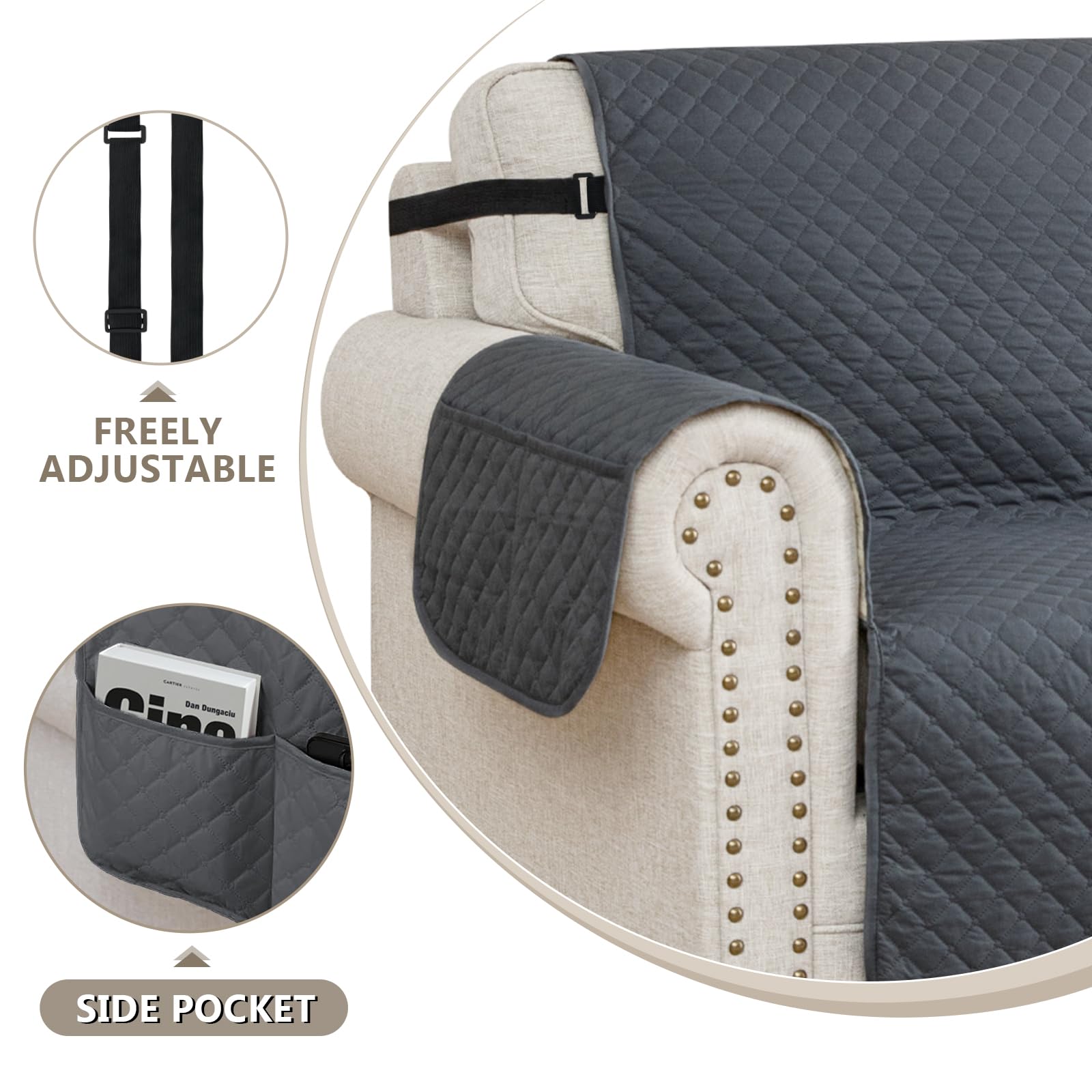 FIGOOO Copridivano Impermeabile 2 Posti Addensare Copridivano Trapuntato Reversibile con Tasche Laterali Antimacchia Antigraffio Cani Gatti Moderno Salvadivano,Grigio Scuro