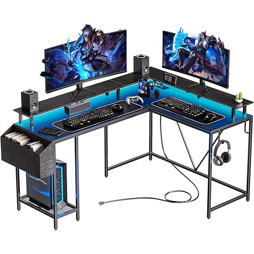 53inch L Shaped Desk,L Shaped Gaming Desk with Power Outlets & LED Lights, Computer Desk with Monitor Stand & Storage Bag, Home Office Desk Corner Desk with Hooks, Easy to Assemble, Black