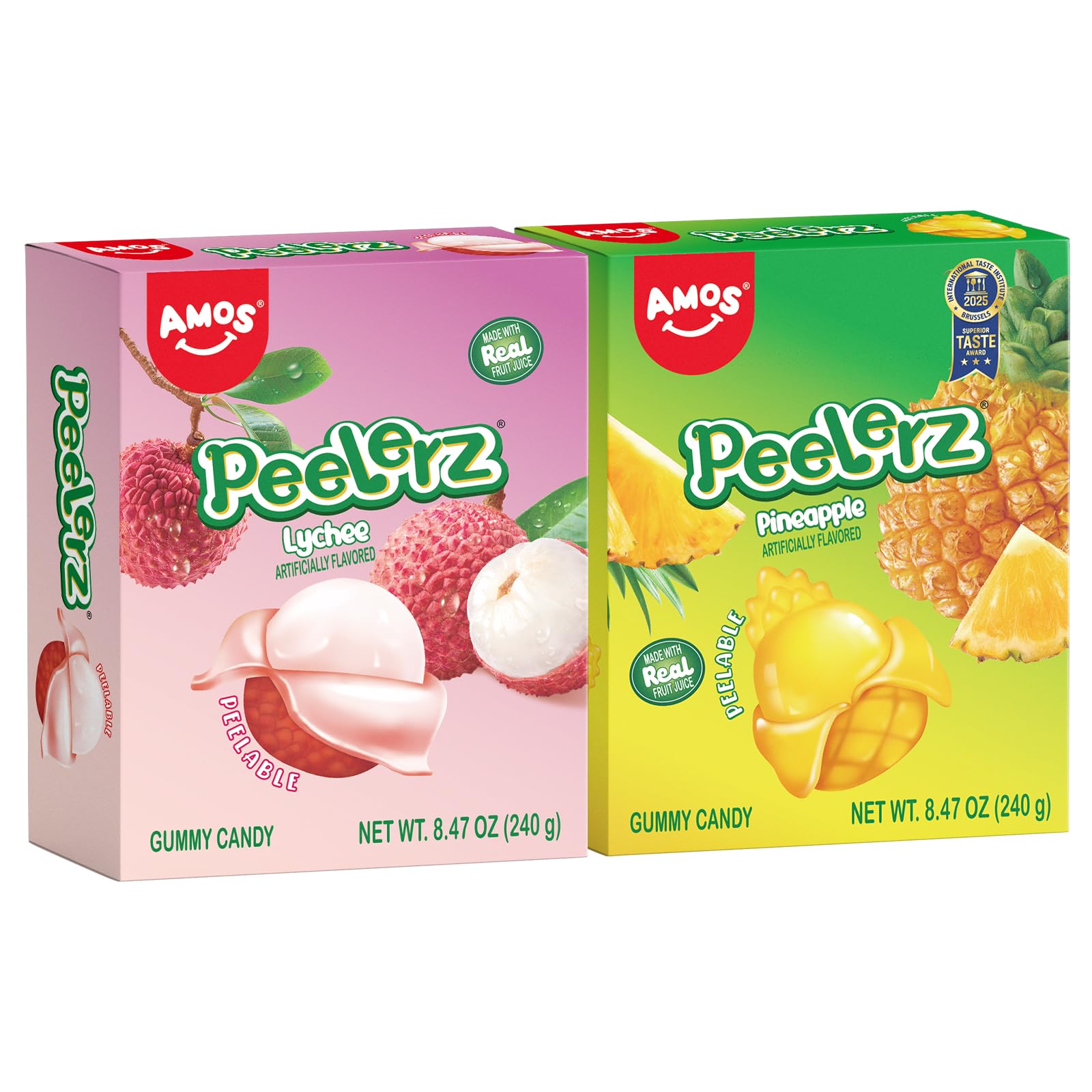 AmosPeelerz Lychee & Pineapple Gummy Candy, Peelable Fruit-Shaped Candy, 8.47oz Box with 10 Individual Packs – Fun Peeling Gummy Snack Made with Real Juice (2-Box Bundle)