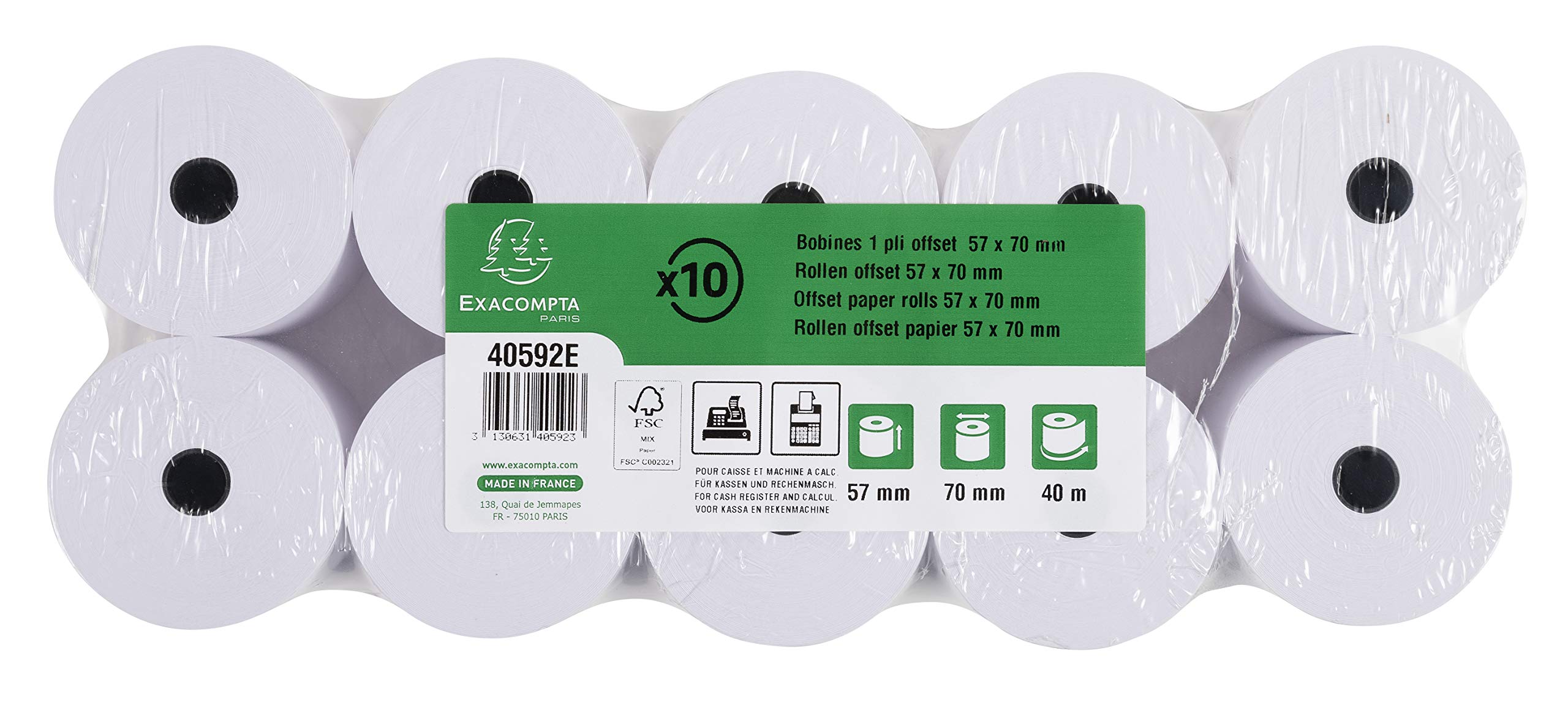 Exacompta - Réf. 40592E - Lot de 10 bobines pour machine à calculer et caisse - largeur 57 mm x diamètre 70 mm - mandrin 12 mm - 1 pli offset extra-blanc 60g/m² - Métrage (+ ou - 2m) : 40 m