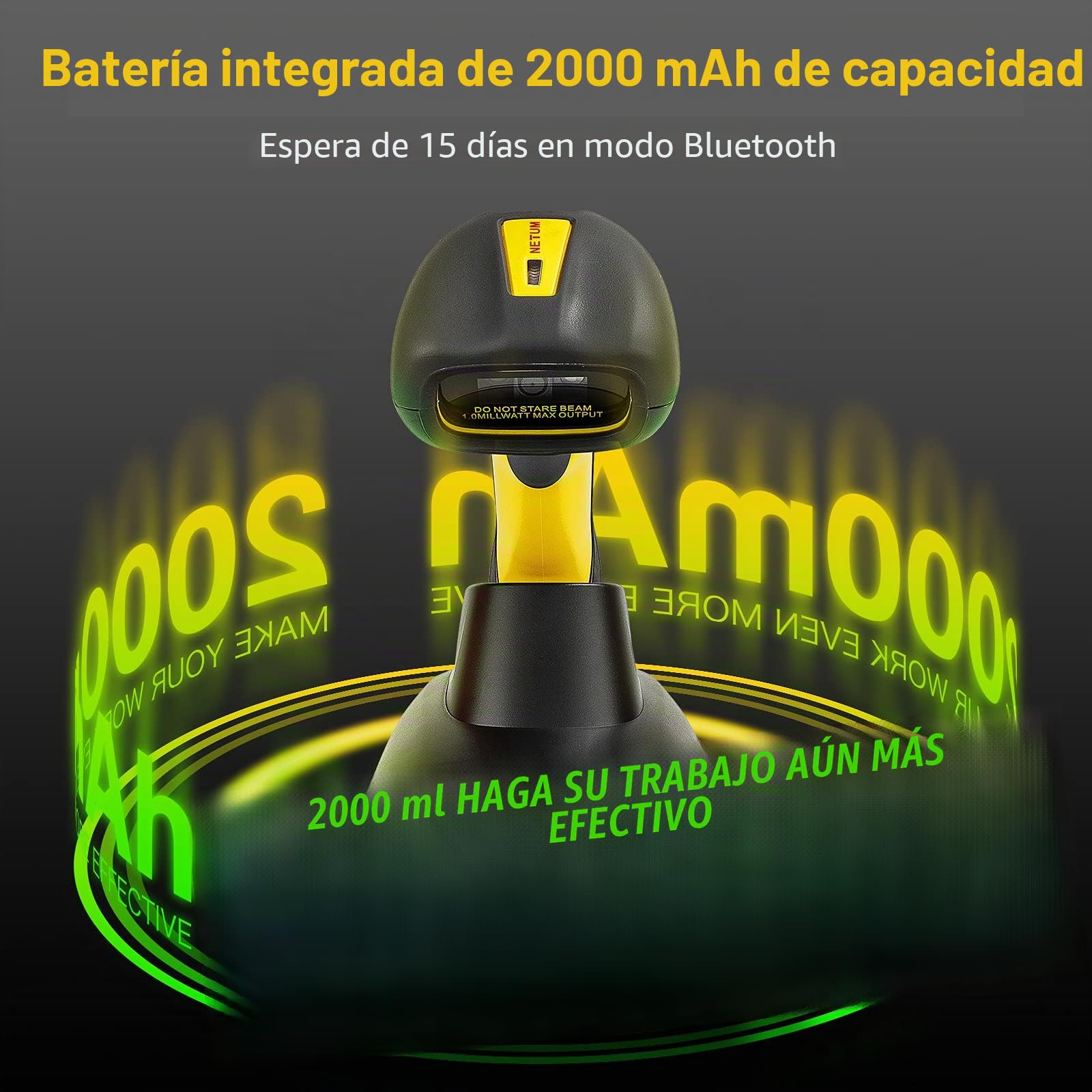 NetumScan Escáner de código de barras 2D inalámbrico, lector de código de barras resistente al agua y antimicrobiano (código de matriz de datos QR PDF17) Base de carga con receptor incorporado NS1202W