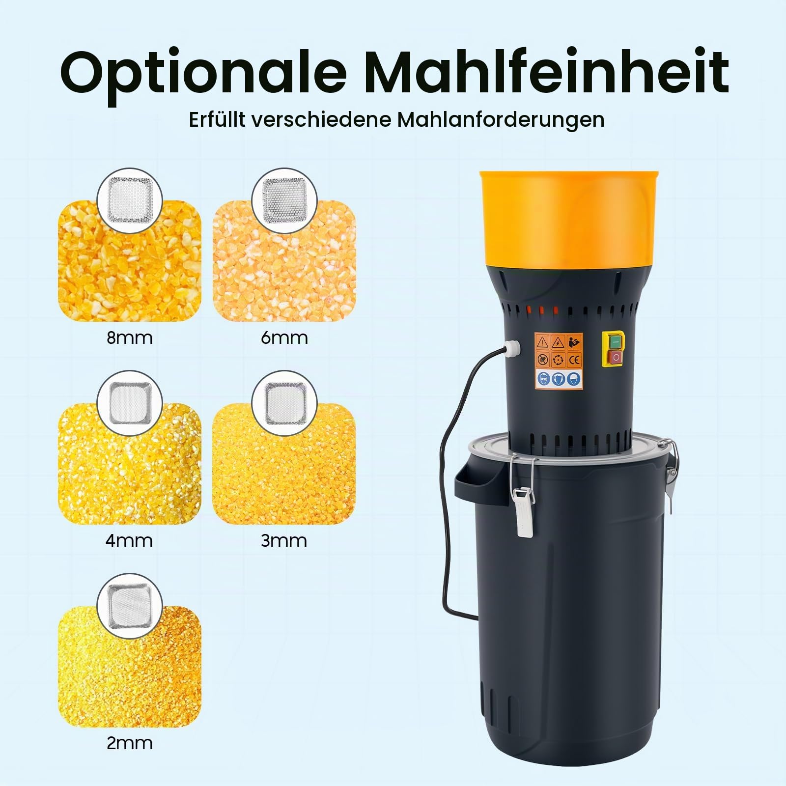 25L Elektrische Getreidemühle Mühle Landwirtschaft Getreide Mühle Maschine 5 Größen Grinder Siebe 1 Schraubenschlüssel eignet Mahlen Feldfrüchten Trockene Körner, Fütterung Nutztieren usw