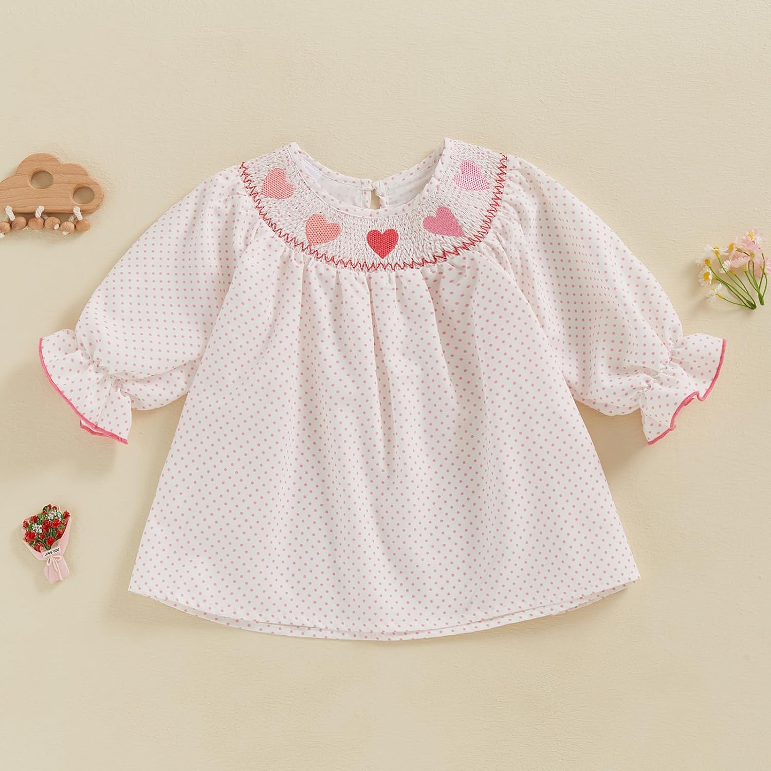 Toddler Baby Girl Valentines Outfit Heart Embroidery Smocked Dress Long Sleeve Princess Dresses Cute Clothes - Image 2