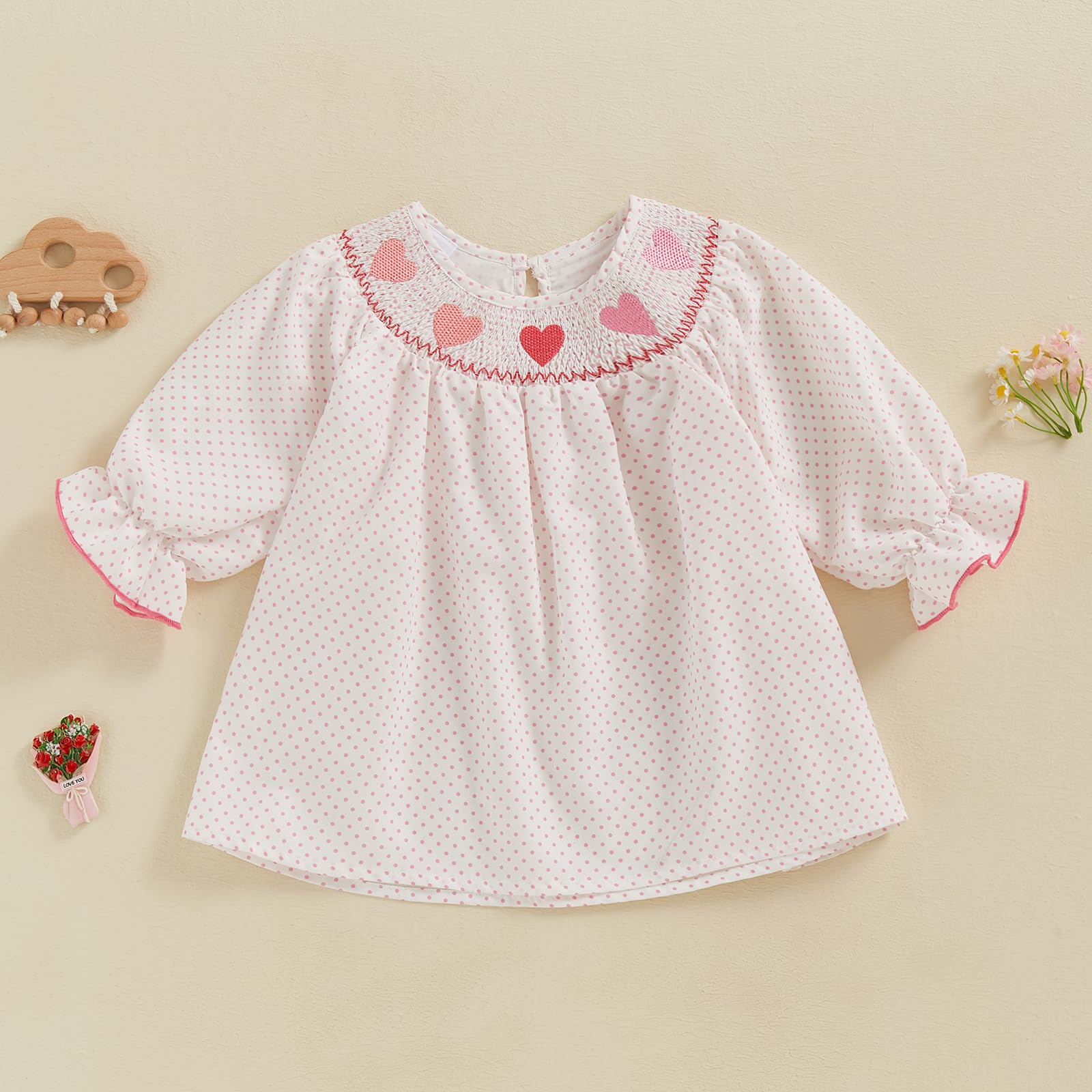 Toddler Baby Girl Valentines Outfit Heart Embroidery Smocked Dress Long Sleeve Princess Dresses Cute Clothes (White, 6-12 Months)