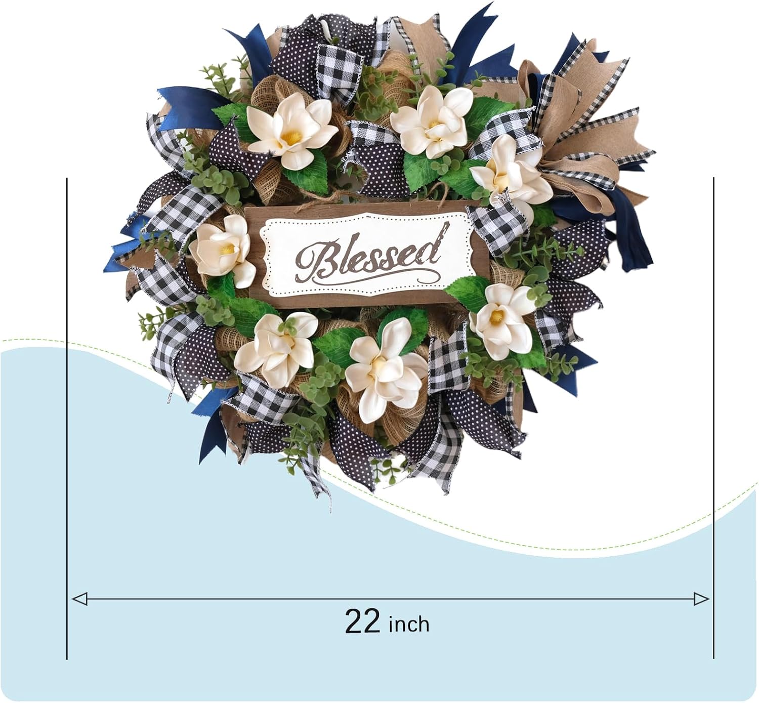 22 Inch Spring Wreath Blessed Magnolia Wreath with Buffalo Check and Burlap Ribbon - Farmhouse Front Door Wreaths Decor for All Seasons - Rustic Home Wall Porch Decor