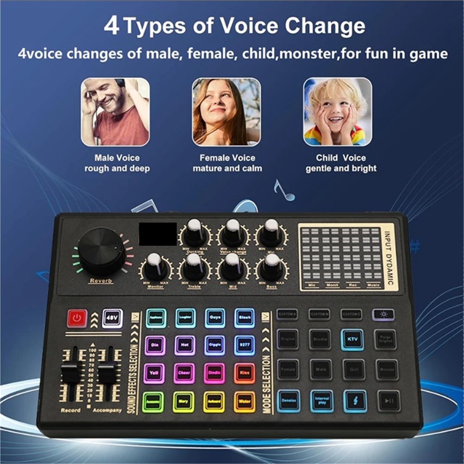 Controladora DJ, Tarjeta de sonido en e interfaz de con múltiples efectos de mezclador de DJ, cambiador de voz y luz LED.