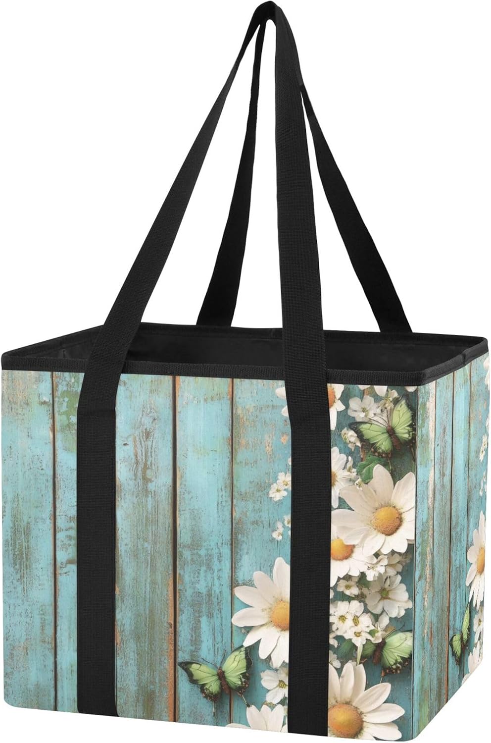 Trunk Organizer for SUV Sedan, Daisy Flowers on Wood Foldable Car Organizers Box for Car Accessories, Sturdy 600D Oxford & Reinforced Handles