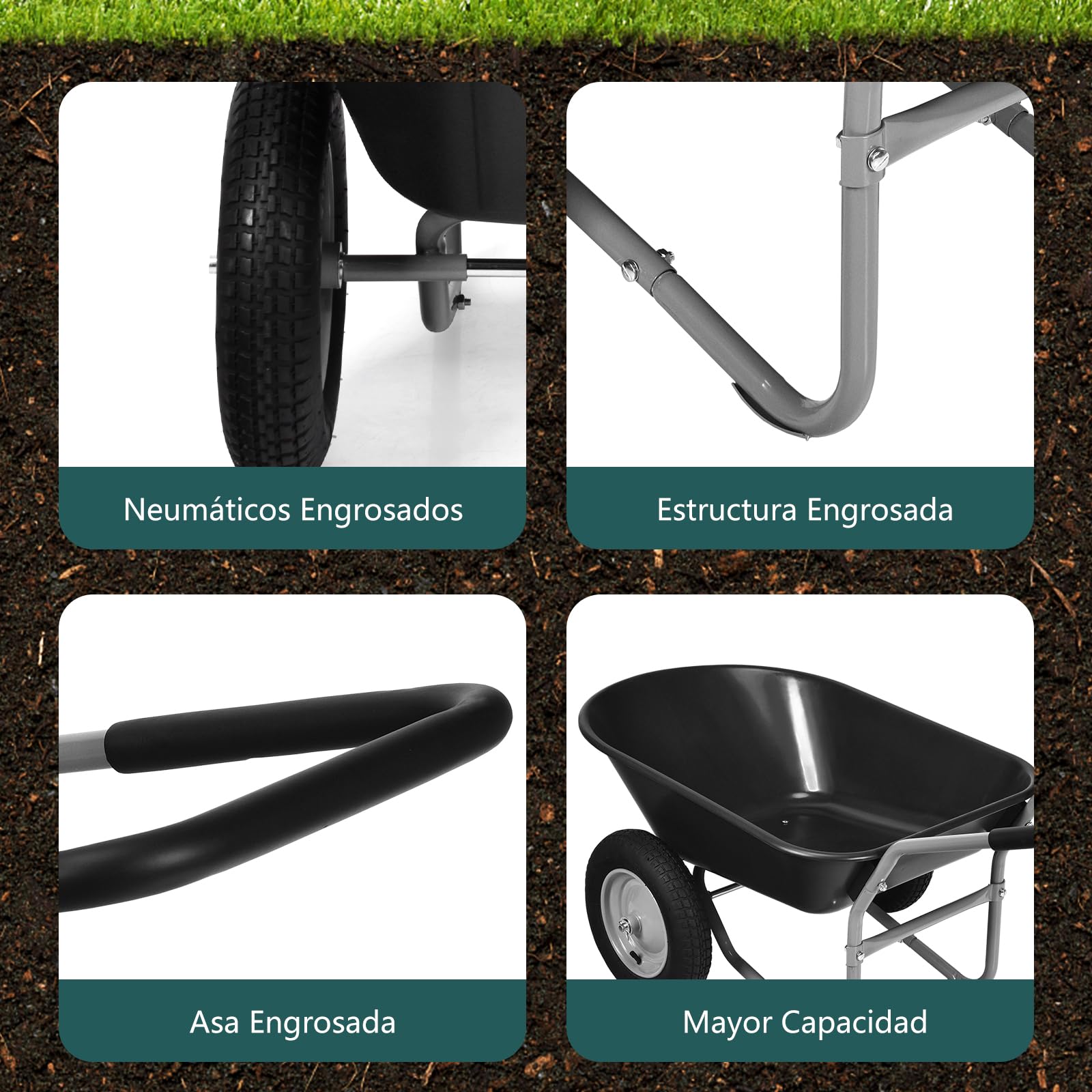 GYMAX Carretilla de Jardín de 100 litros de Volumen con 2 Neumáticos de Aire, Carretilla de Transporte con Asa, Carretilla de Construcción de hasta 100 kg, Apto para Patio y Almacén (Negro)