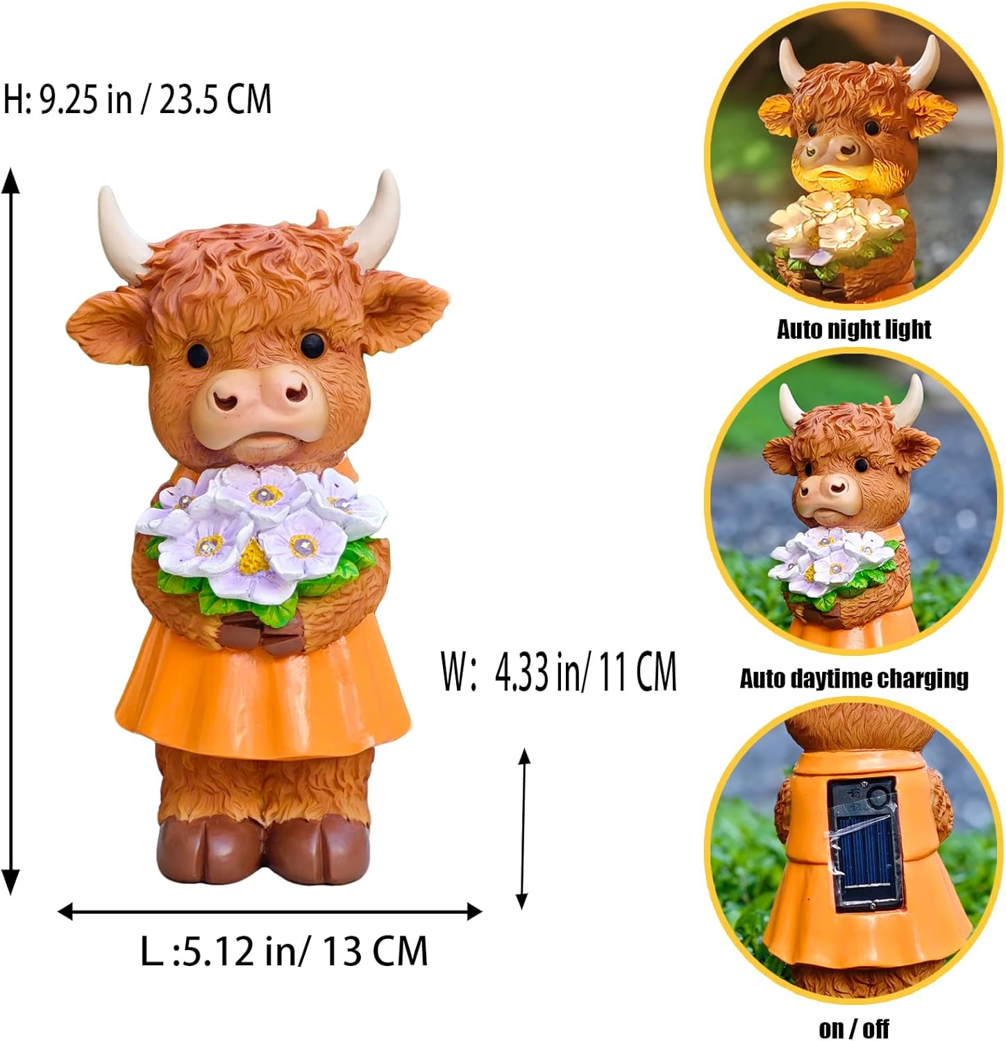 Solar-Powered Resin Highland Cow Statue with Orange Skirt & Light-Up Purple Flower Bouquet - Garden Decor & Outdoor Welcome Piece