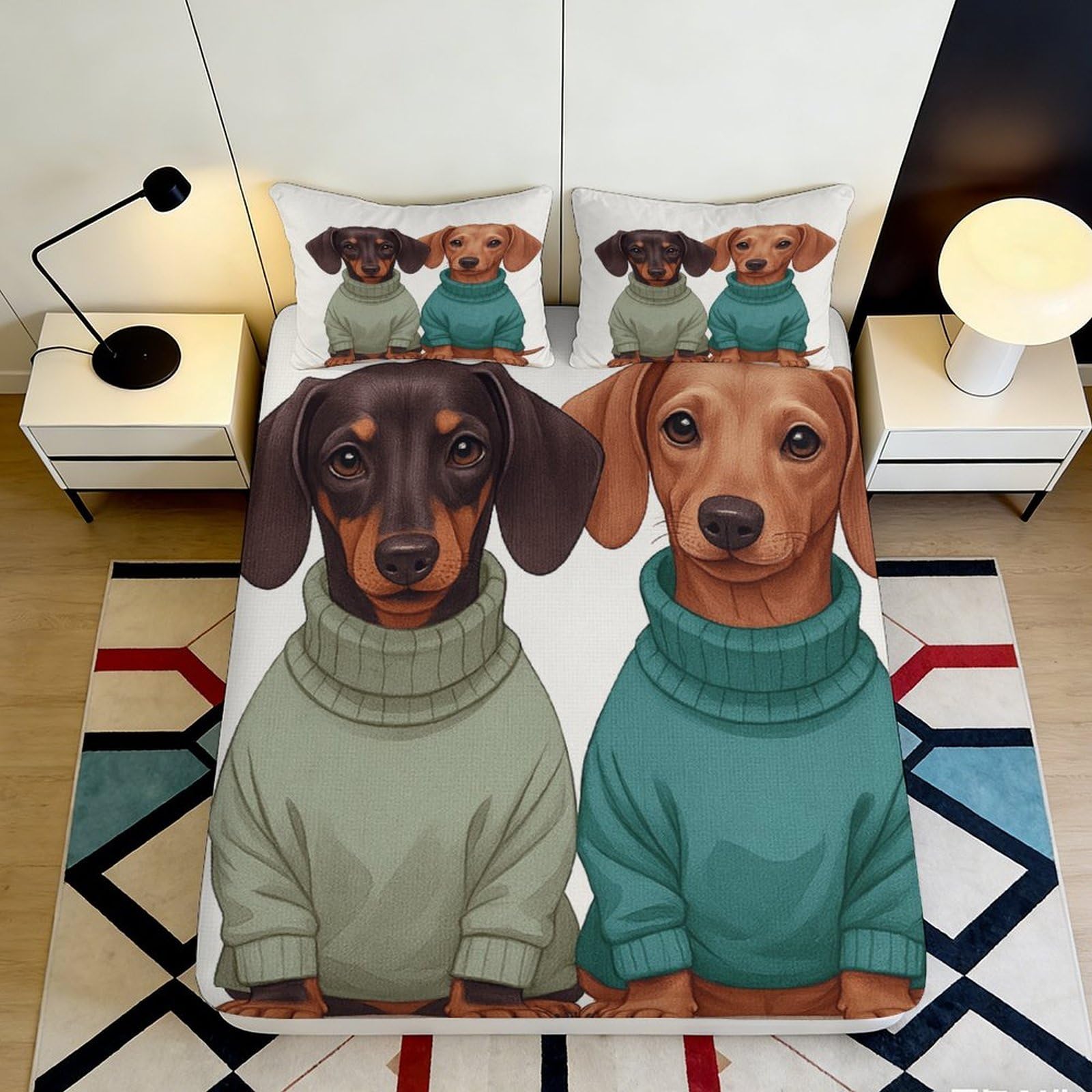 3D Printed Dachshund Dog Fitted Sheet Microfiber Soft Breathable Cartoon Puppy Bed Cover for Bedroom Dorm Mattress Decor 90x200x25cm